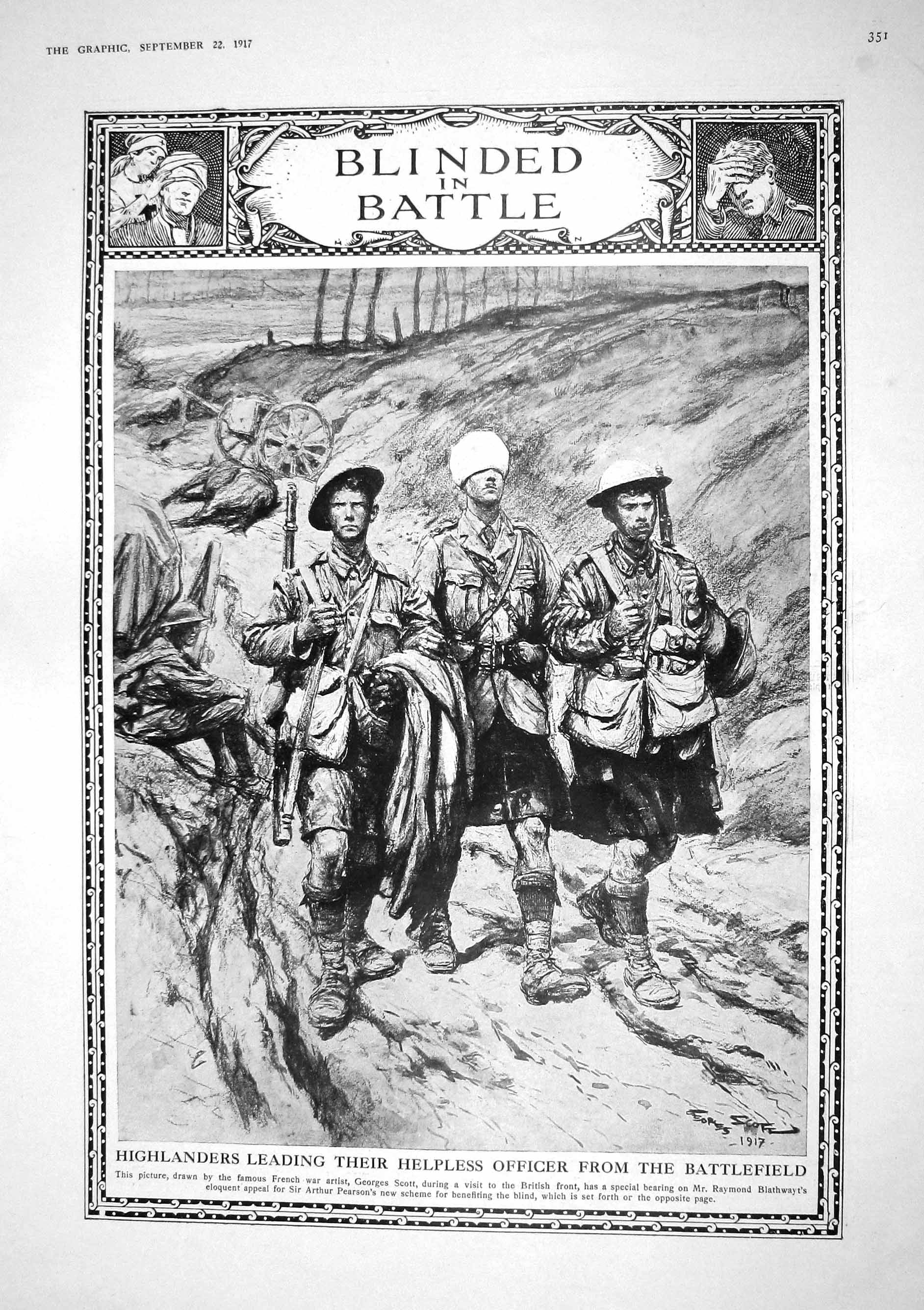Old Print 1917 War Highlanders Siers Blind Officer Battlefield Aeroplane 20th