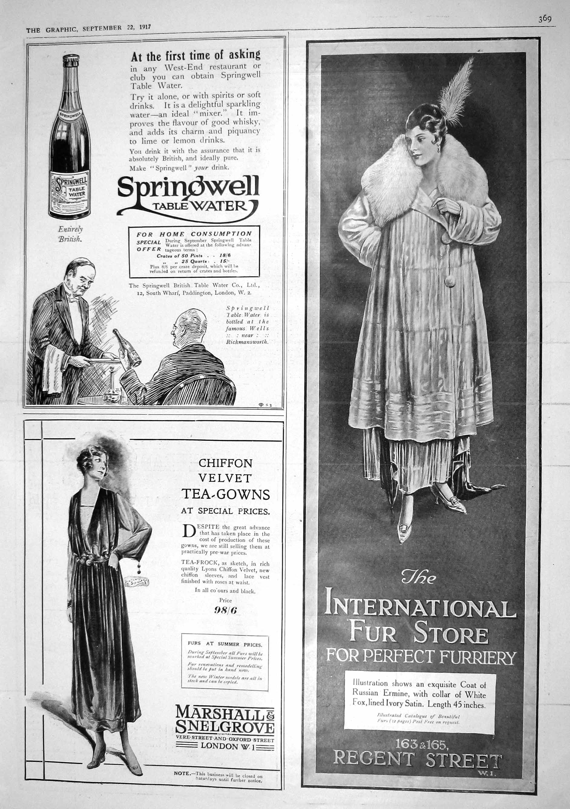 Antique Old Print 1917 Fur Store Springwell Table Water Marshall Snelgrove 20th