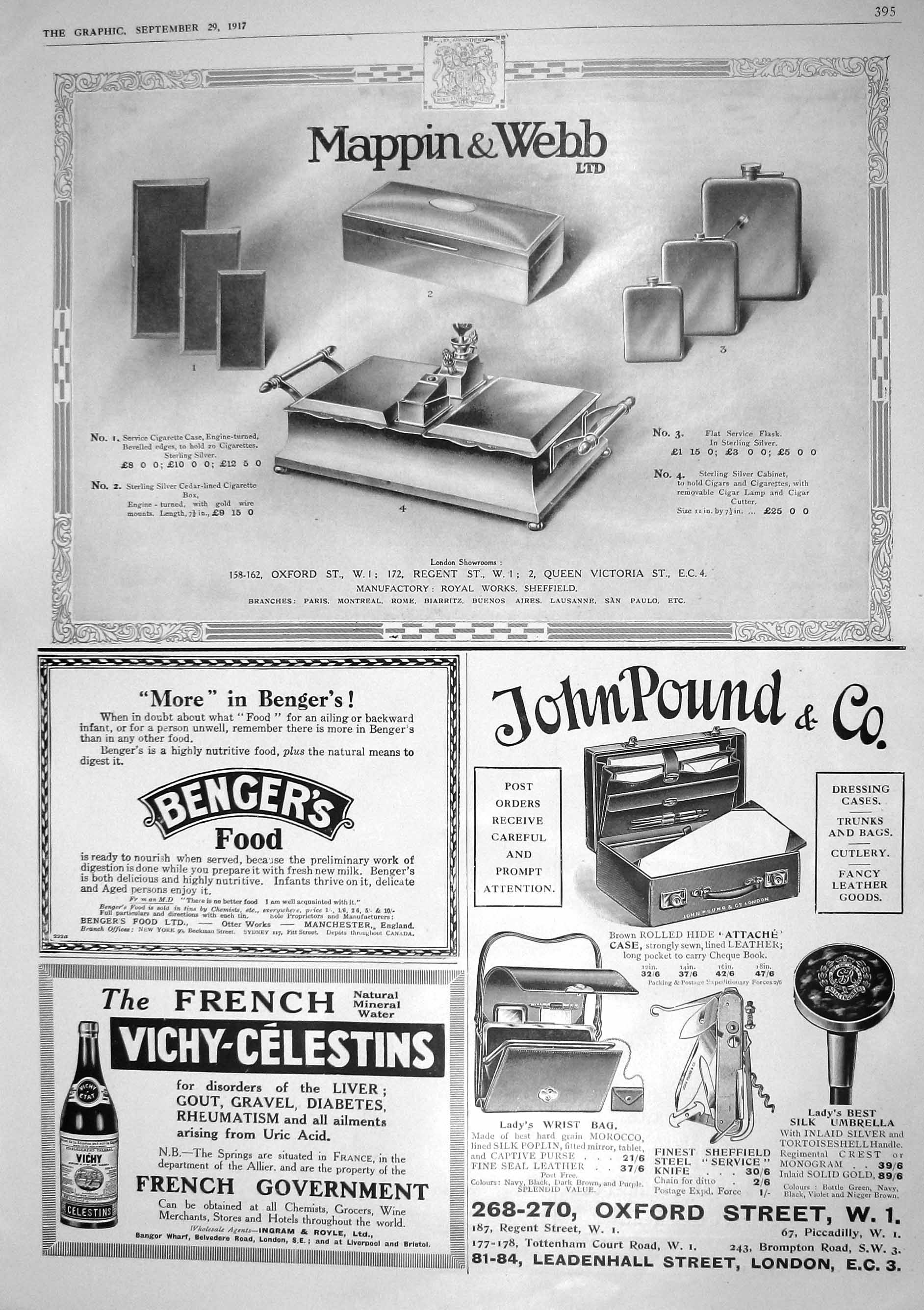 Old Print 1917 Mappin Webb John Pound Benger'S Food Vichy-Celestins Water 20th