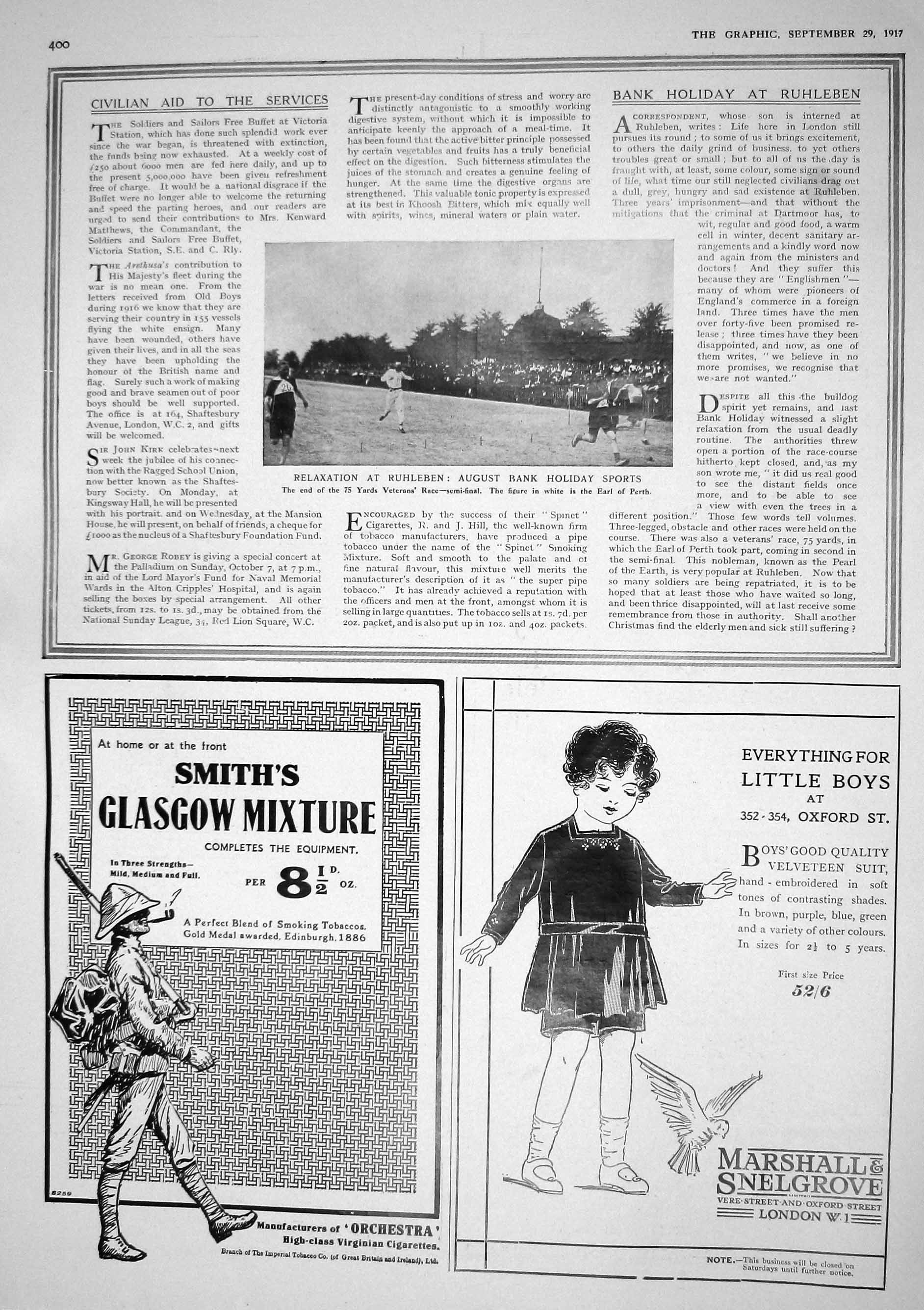 Antique Print 1917 Bank Holiday Sport Ruhleben Earl Perth Tatcho Cigarettes