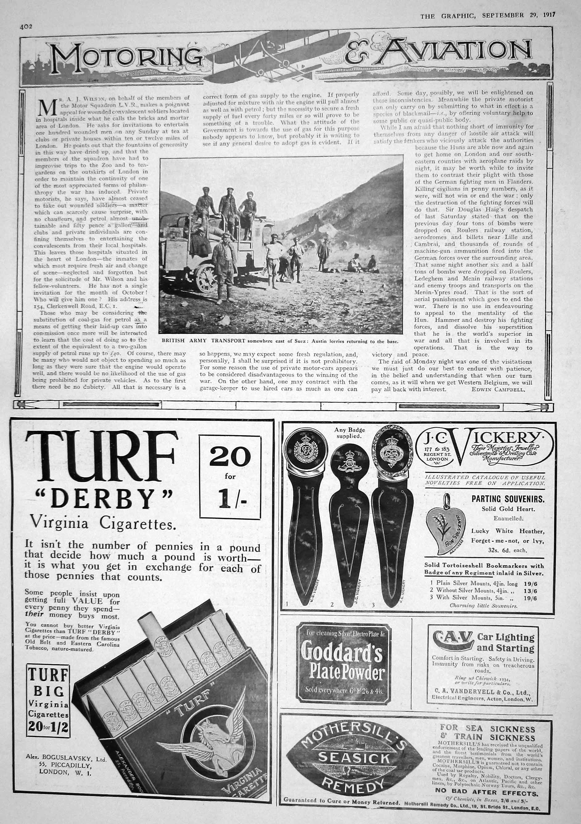 Old 1917 War British Army Transport Suez Austin Lorries Cigarettes Vi 20th