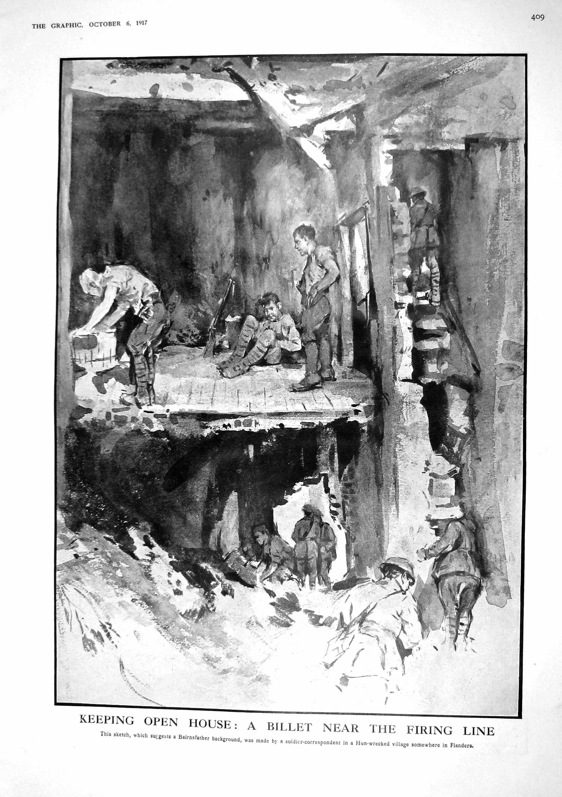 Old Print 1917 Siers Hun Village Flanders War General Angelotti Quebec R 20th