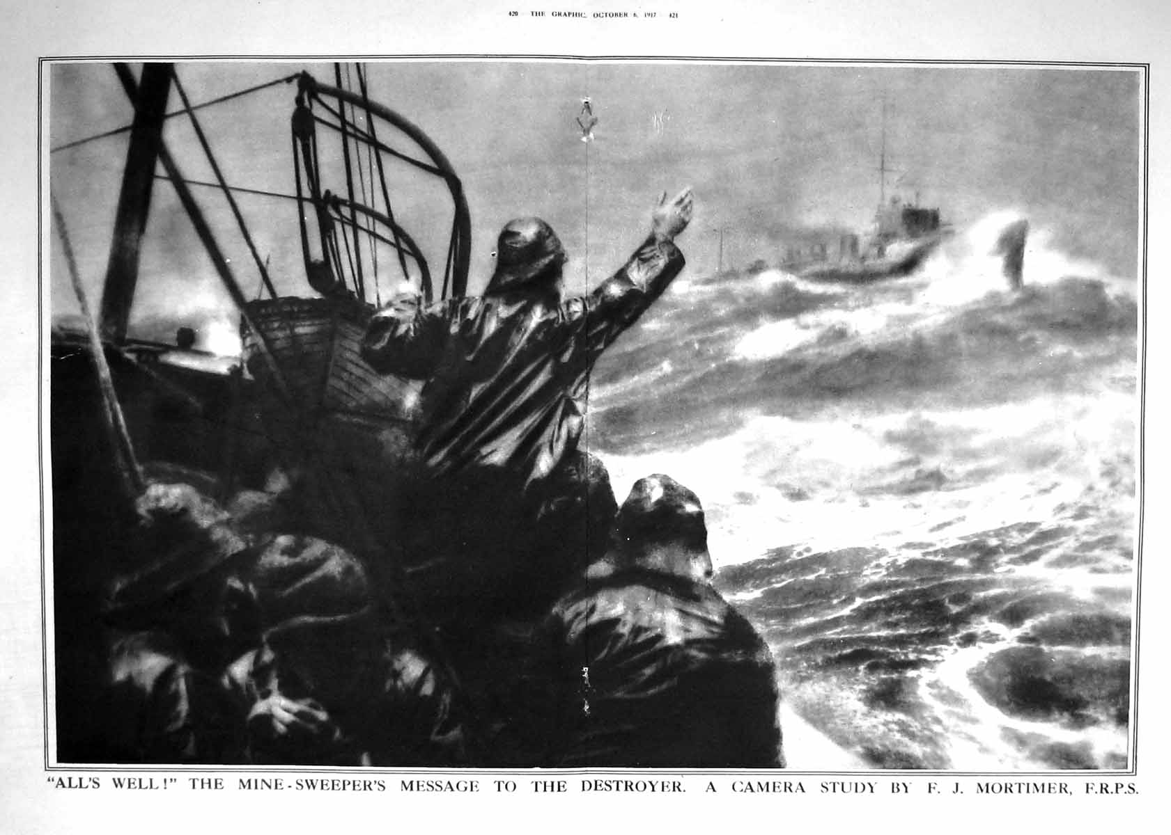 Antique Old Print 1917 War Mine Sweeper Destroyer Ship Navy Sailors Mortimer