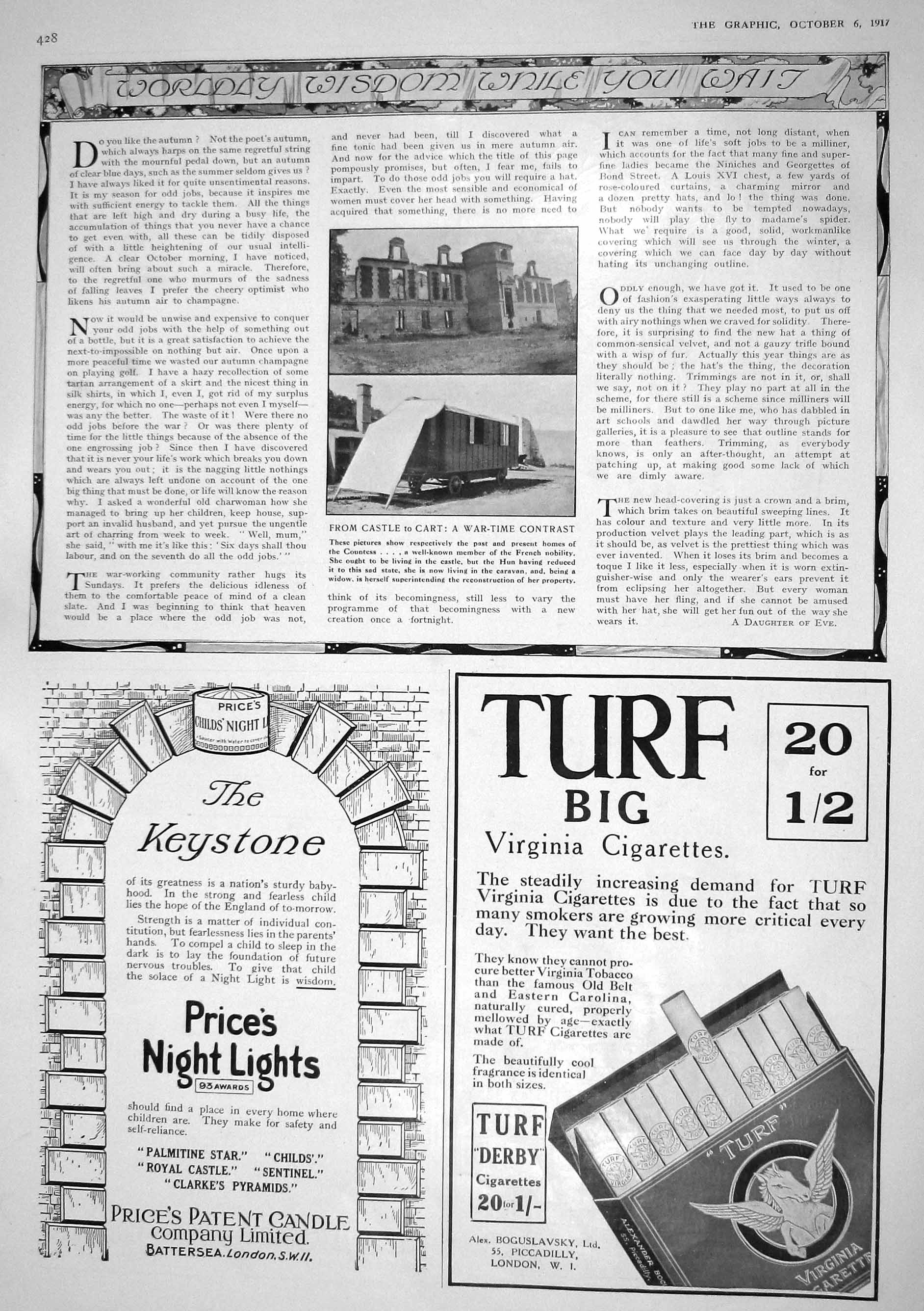 Old Print 1917 War Ruins Castle Train Carriage Price'S Candle Cigarettes 20th