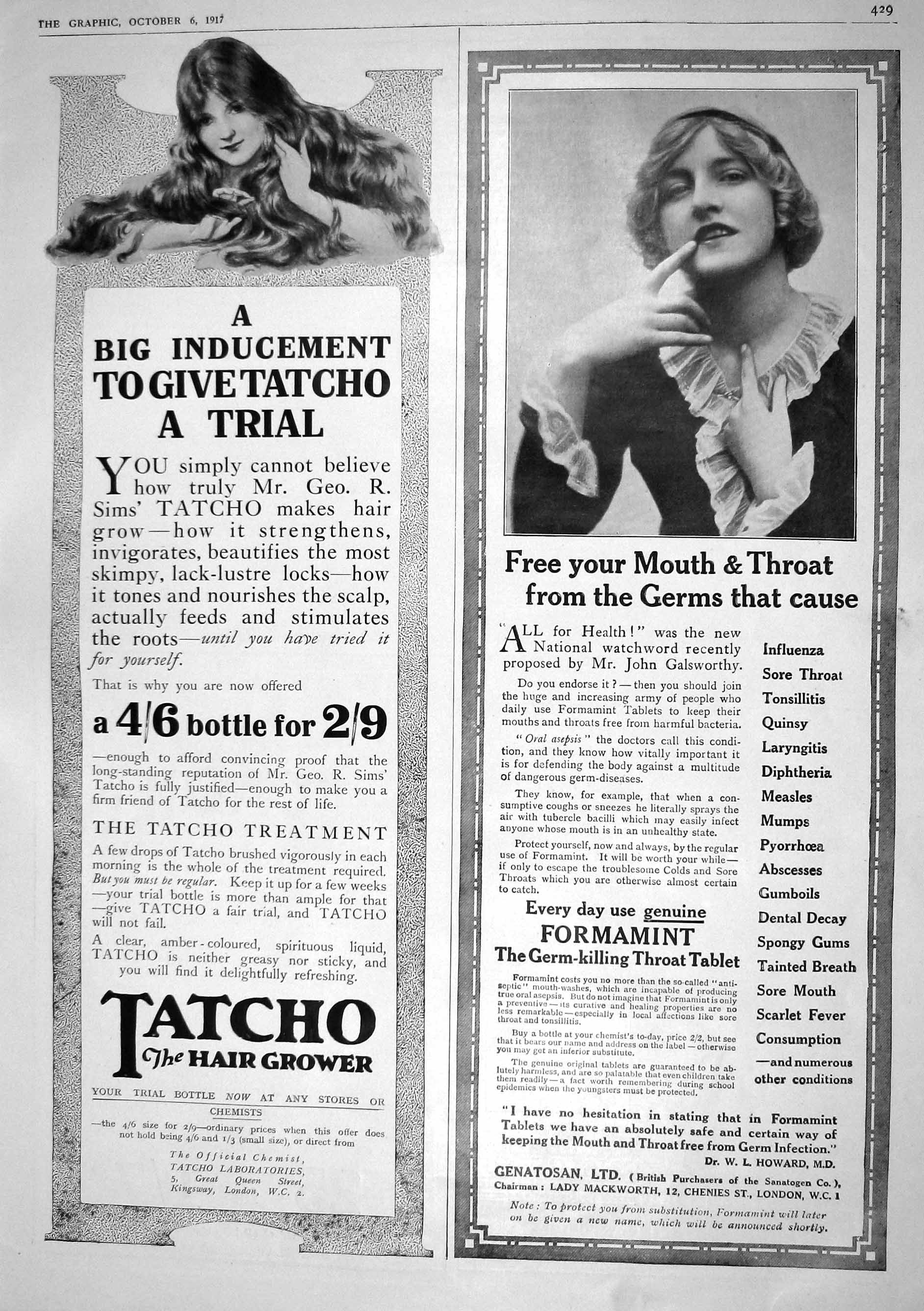 Antique Old Print 1917 Tatcho Hair Grower Formamint Throat Tablet Mackworth