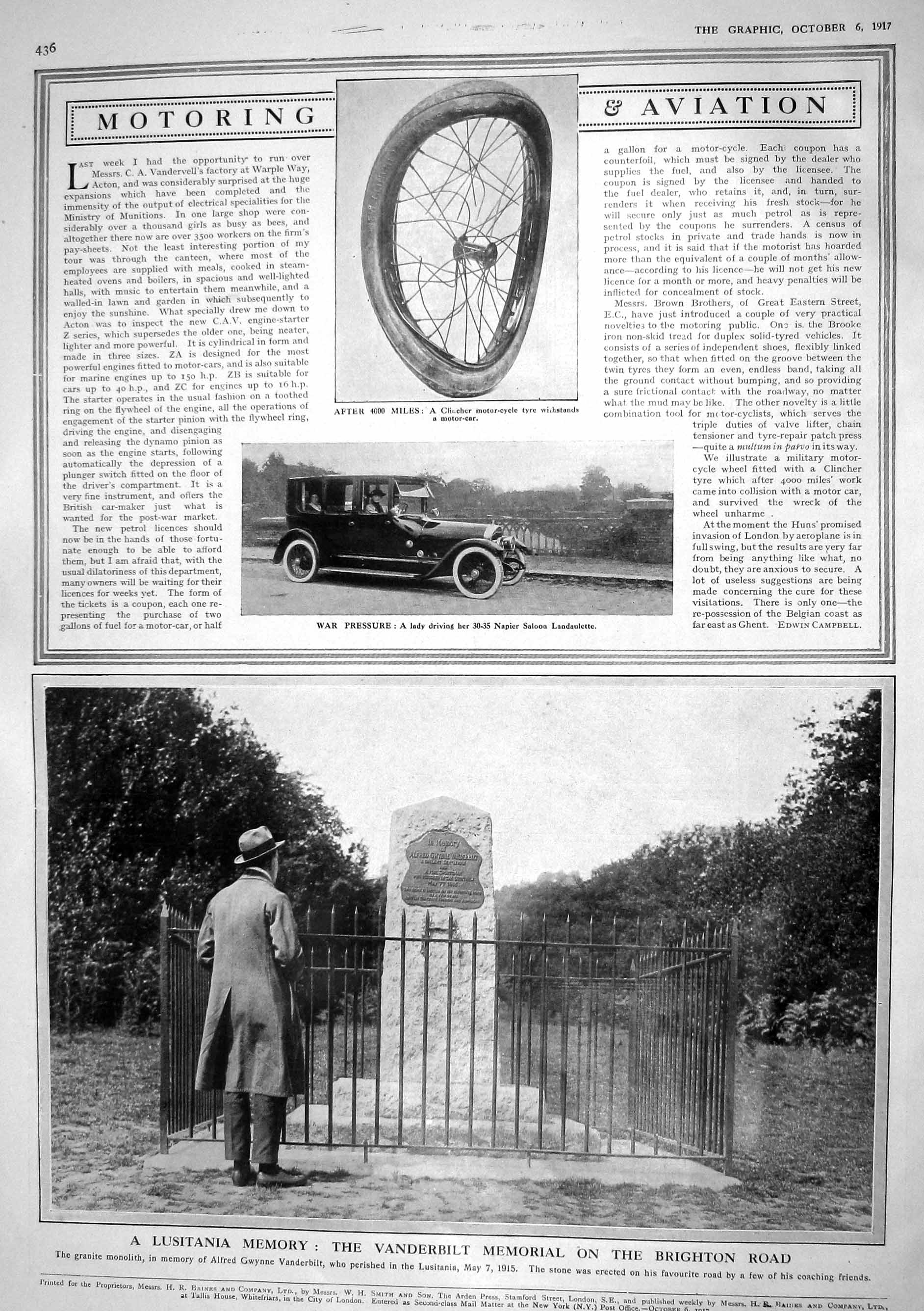 Old 1917 Cycle Tyre Napier Saloon Car Pandaulette Vanderbilt Memorial 20th