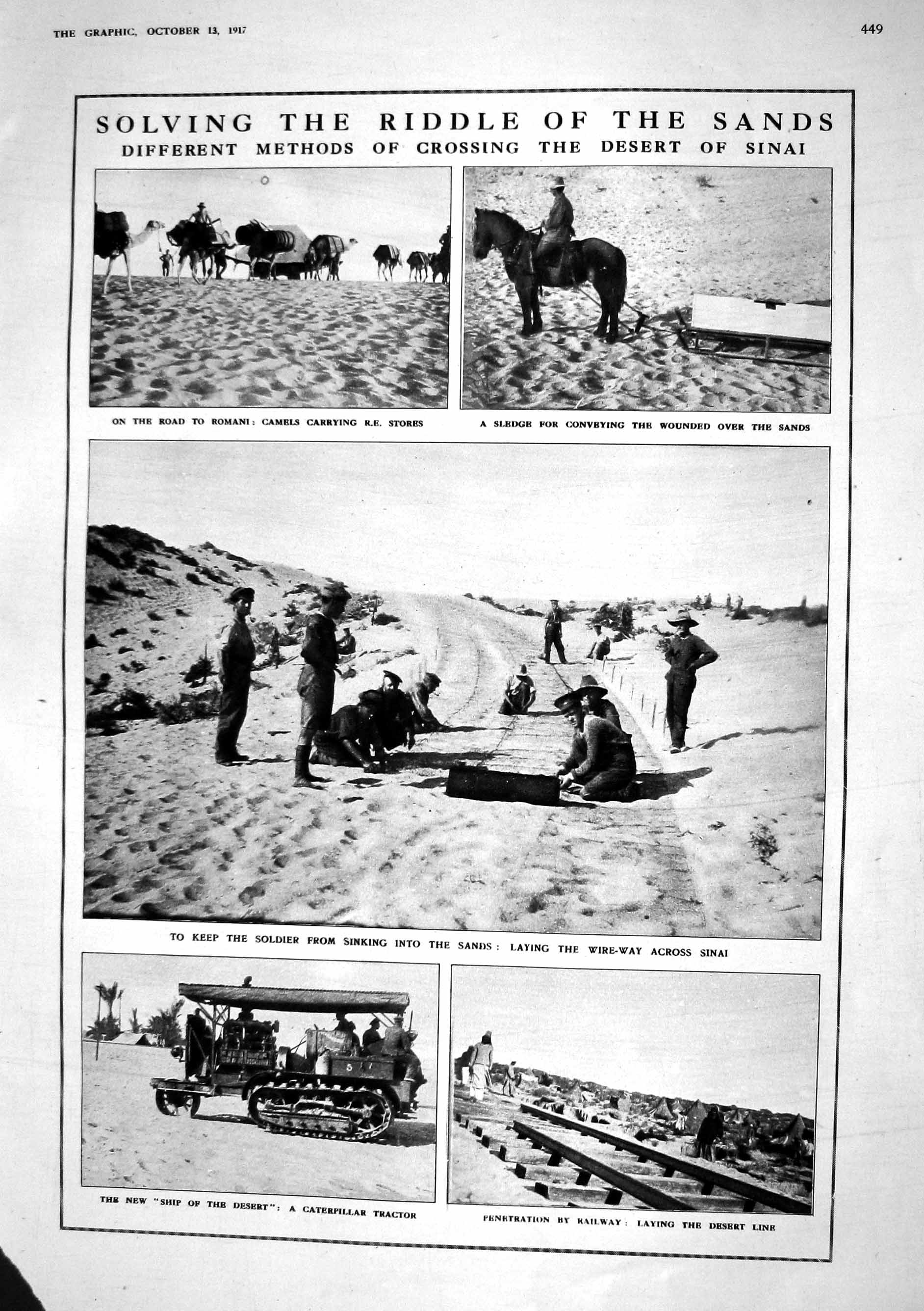 Old Print 1917 Desert Sinai Camels War Siers Caterpillar Tractor Railway 20th