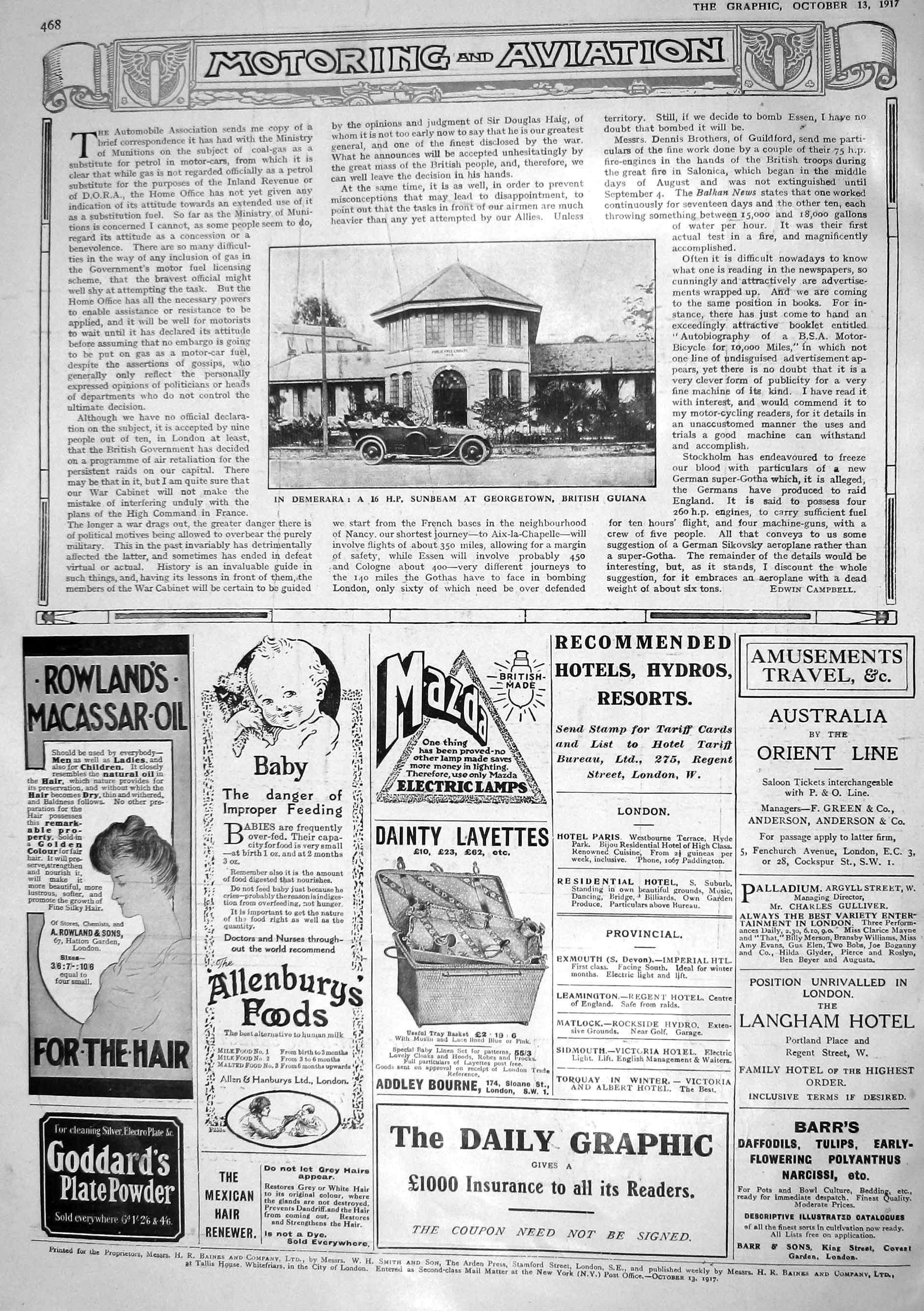 Antique Old Print 1917 Demerara Sunbeam Motor Car Georgetown British Guiana