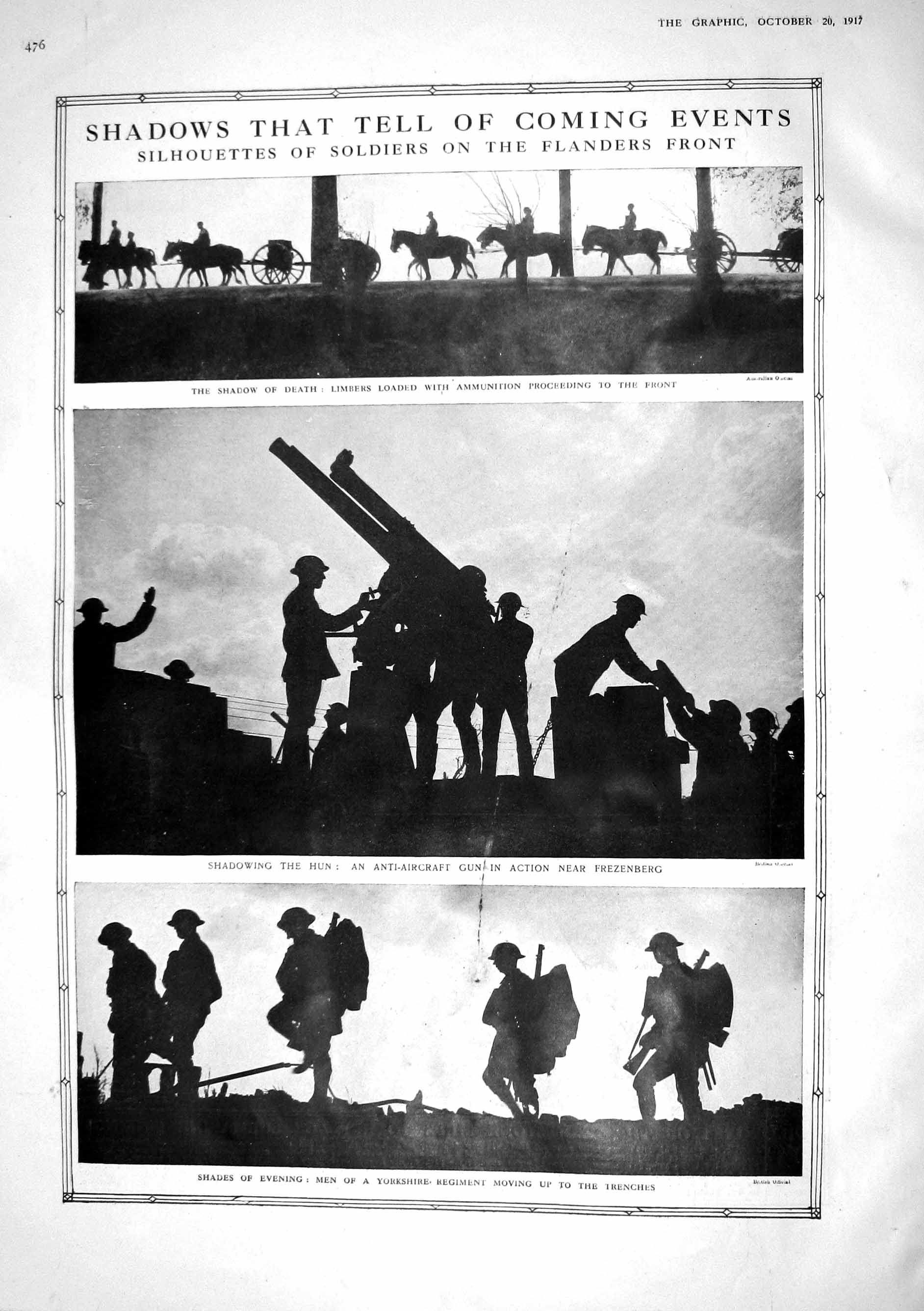 Old Print 1917 Silhouettes Siers Flanders War Anti-Aircraft Gun Yorkshir 20th