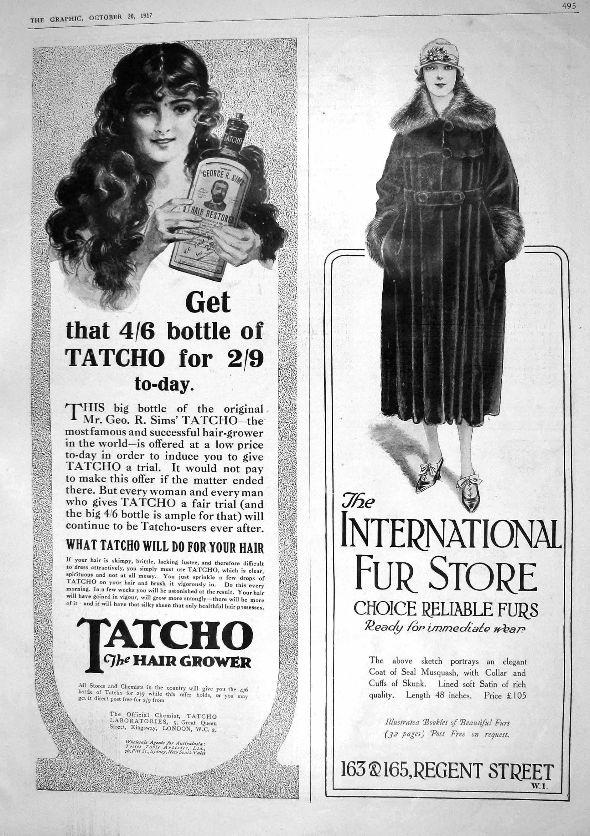 Antique Print 1917 Tatcho Hair Grower International Fur Store Regent Street