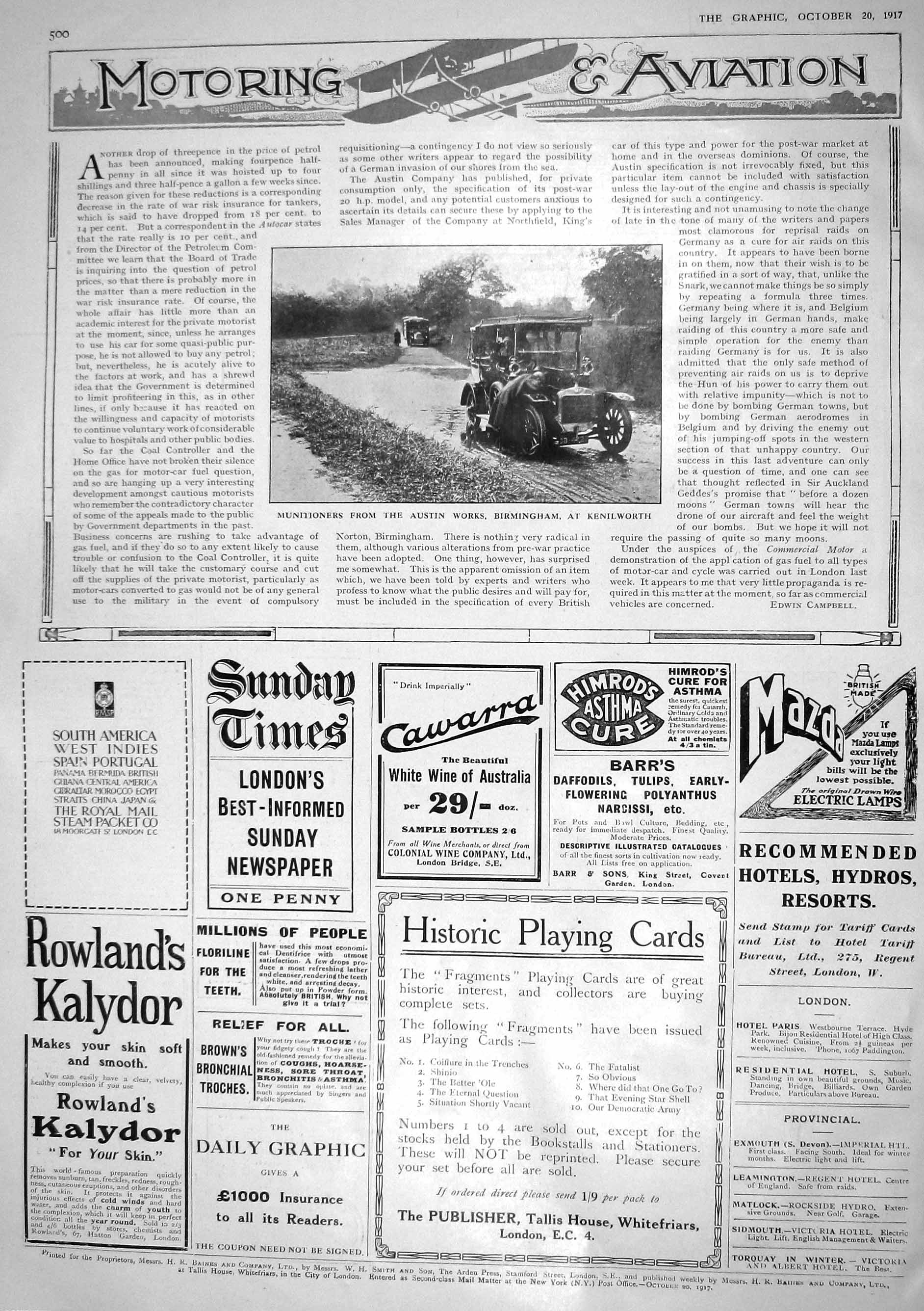 Old 1917 Munitioners Austin Works Motor Car Advertisement Cawarra Kal 20th