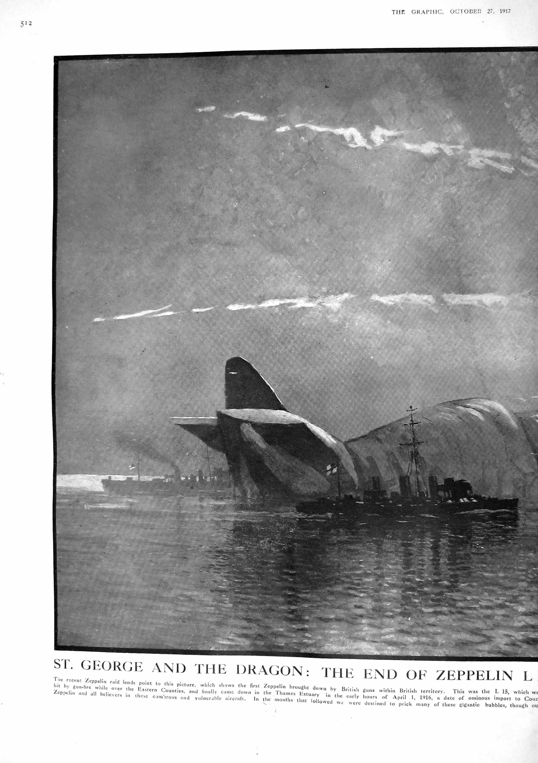 Old Vintage Print 1917 Zeppelin Crash British Guns L15 War Ships Airship 20th