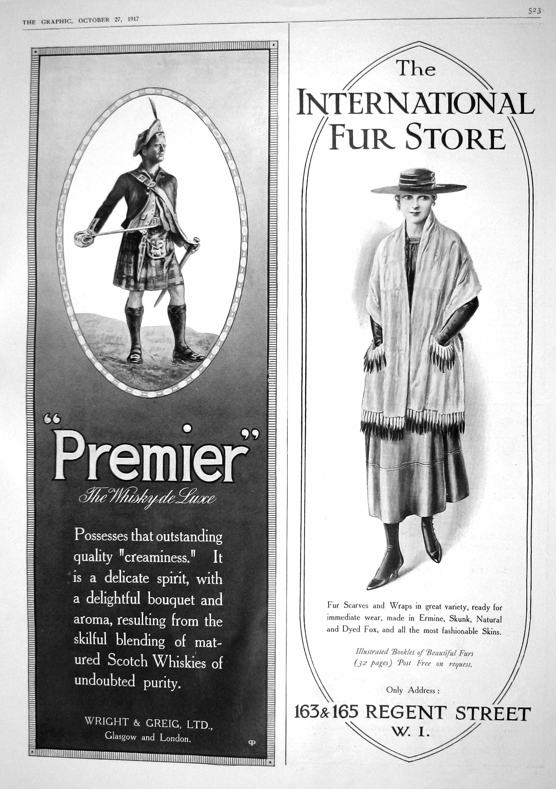 Antique Old Print 1917 International Fur Store Premier Scotch Whisky Wright