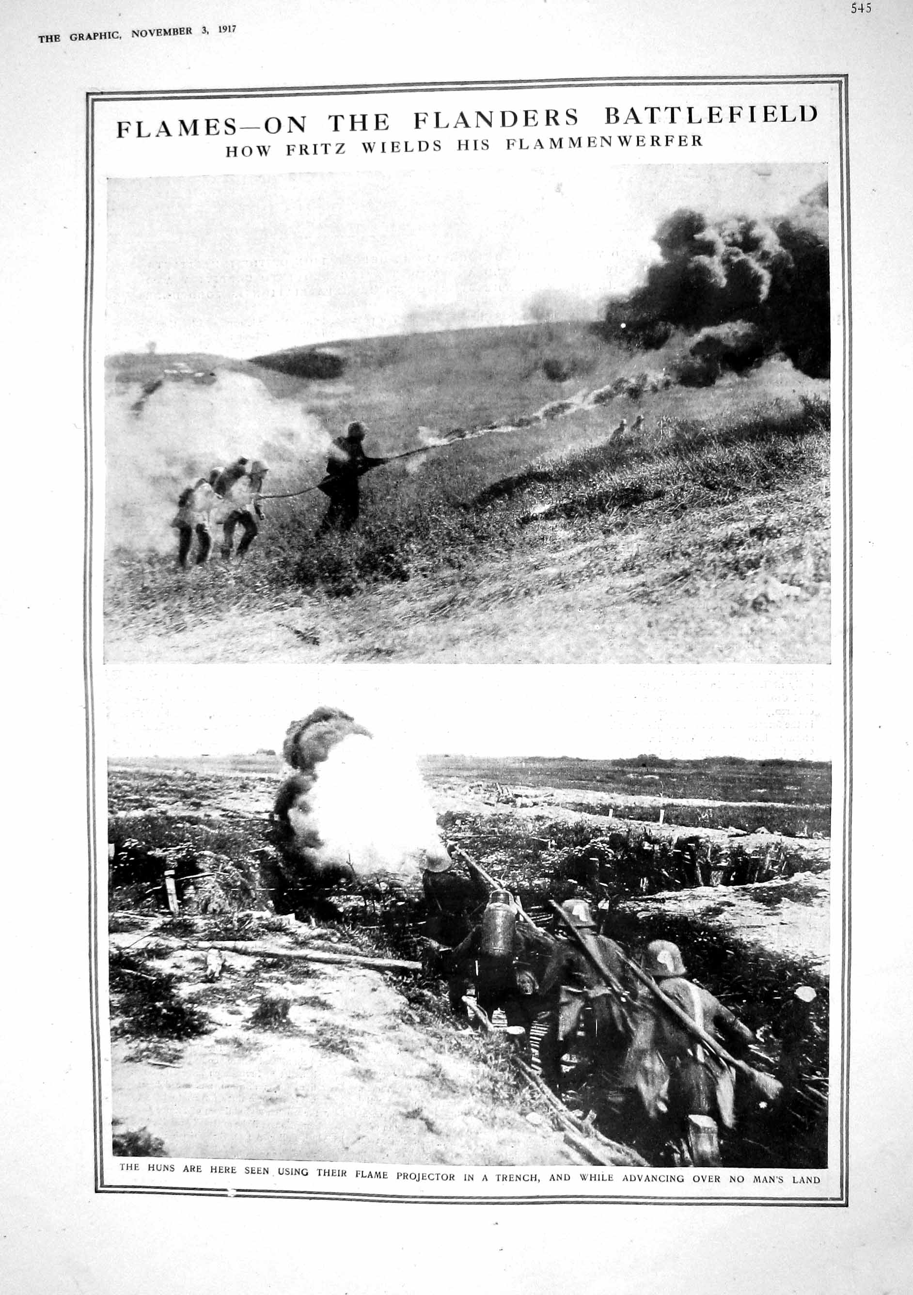 Old Print 1917 Fire Flanders Battlefield Huns Trench Siers French Refuge 20th