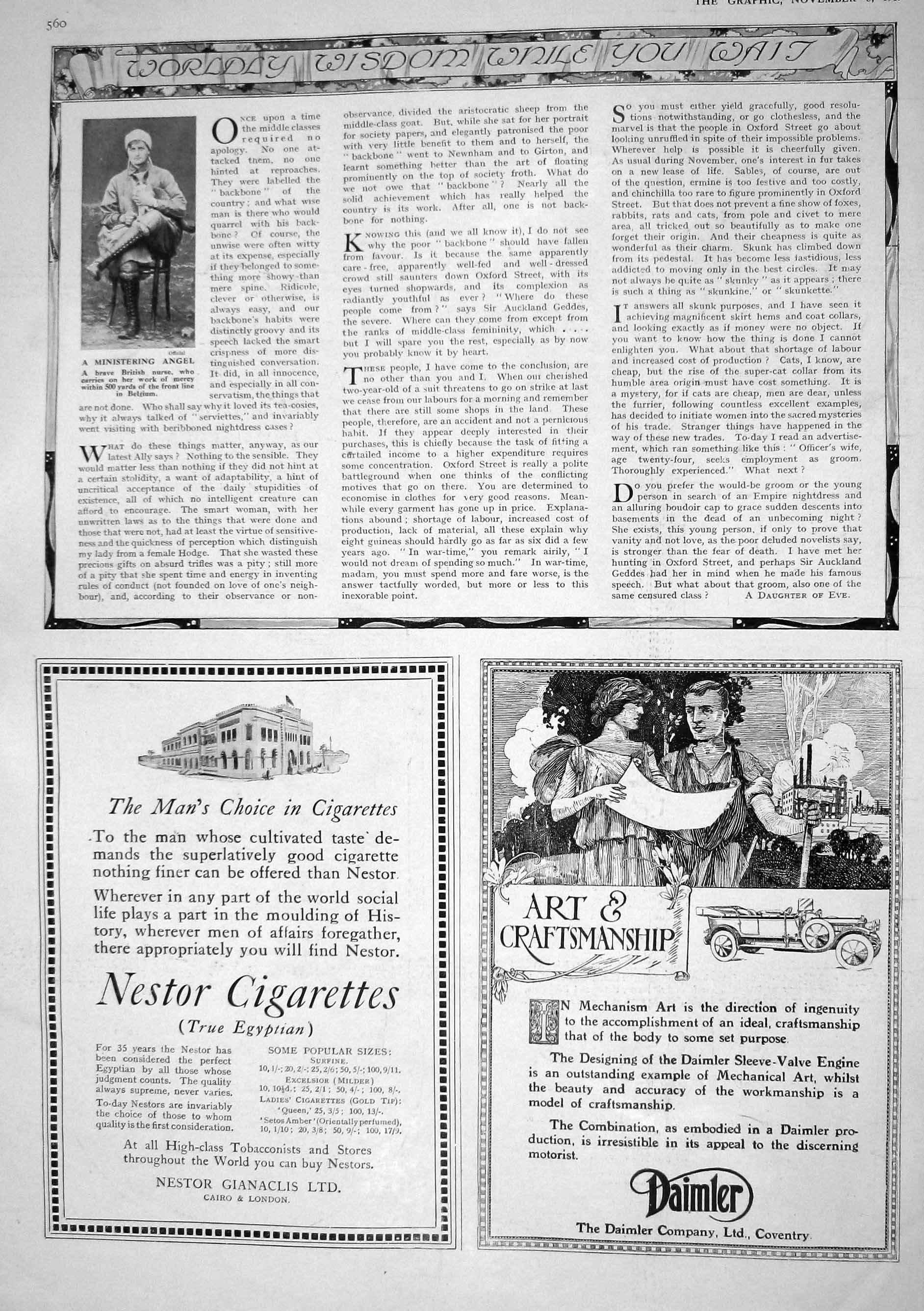 Antique Print 1917 British War Nurse Belgium Nestor Cigarettes Daimler Car 20th