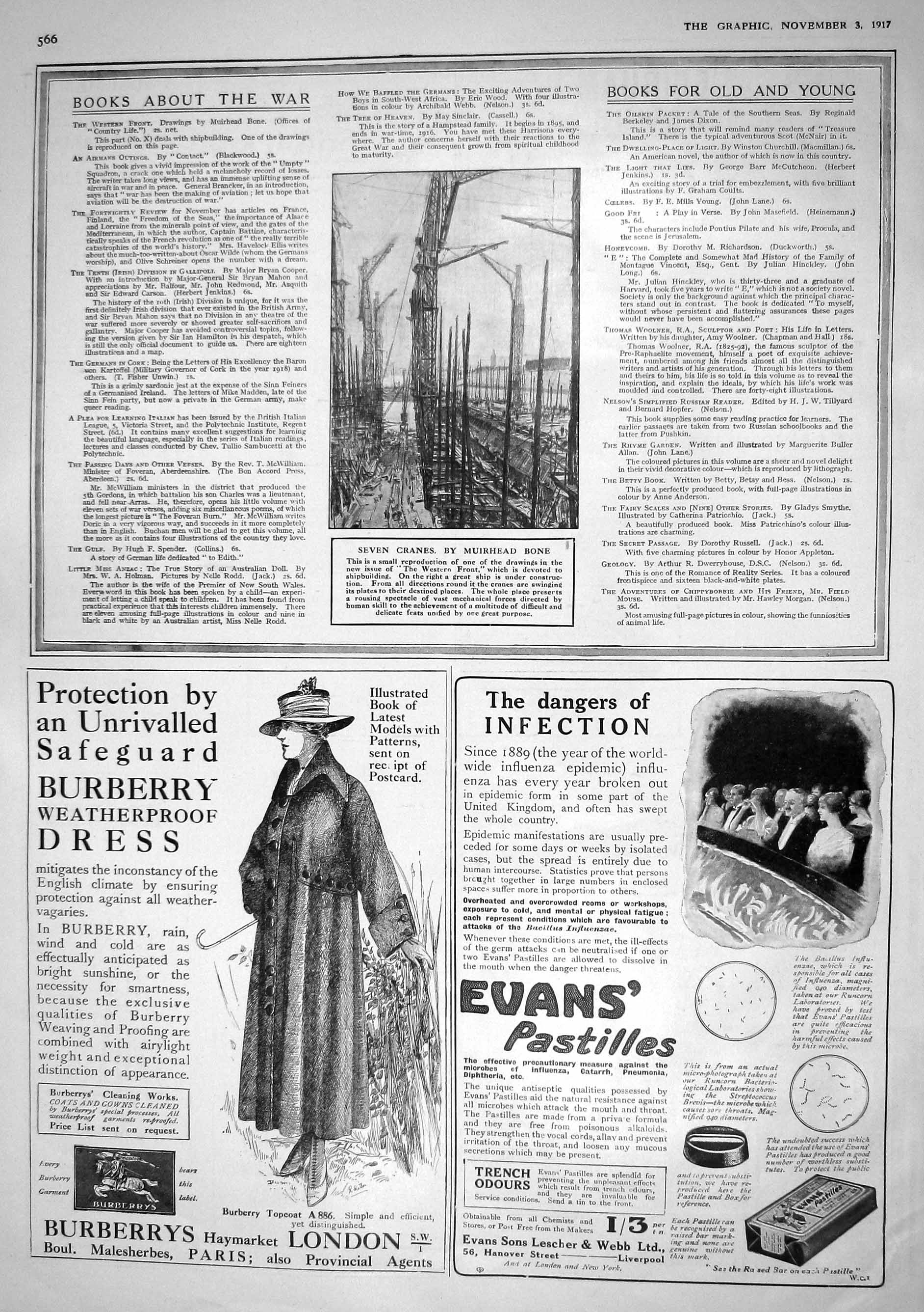 Old 1917 Seven Cranes Muirhead Bone Evans Pastilles Burberrys London 20th