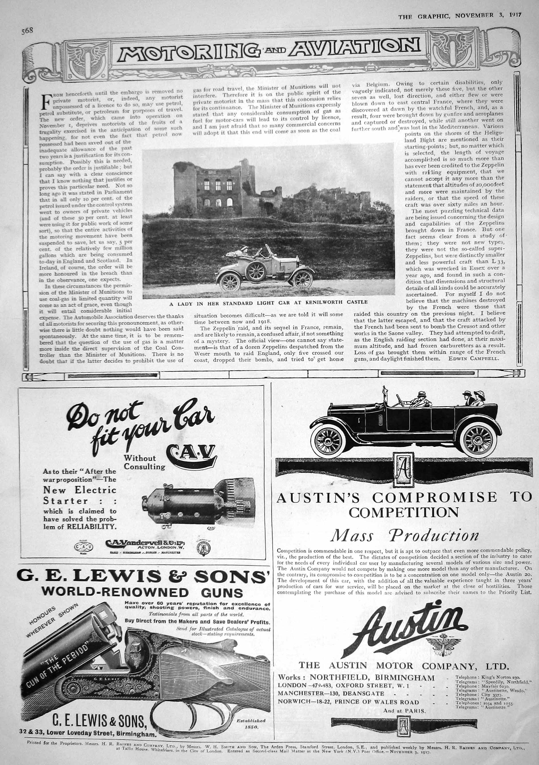 Old 1917 Standard Light Motor Car Kenilworth Castle Austin Lewis Guns 20th