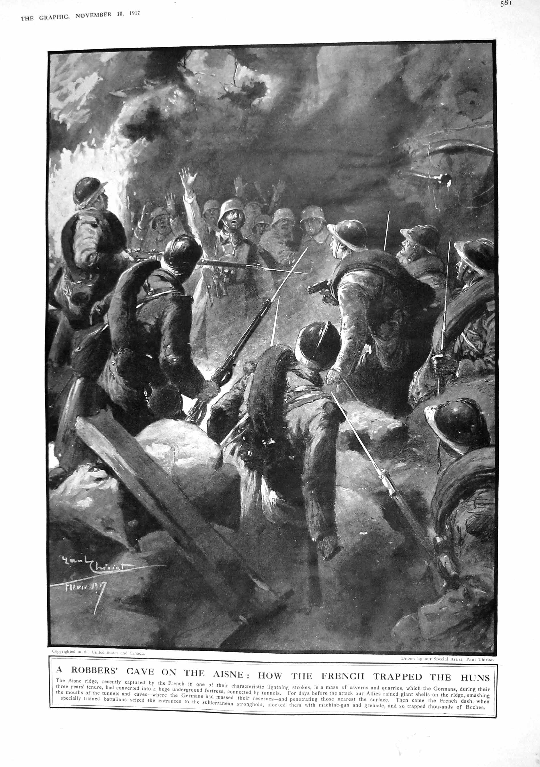 Old Print 1917 Robbers Cave Aisne French War Siers Huns Queen Mary Schoo 20th