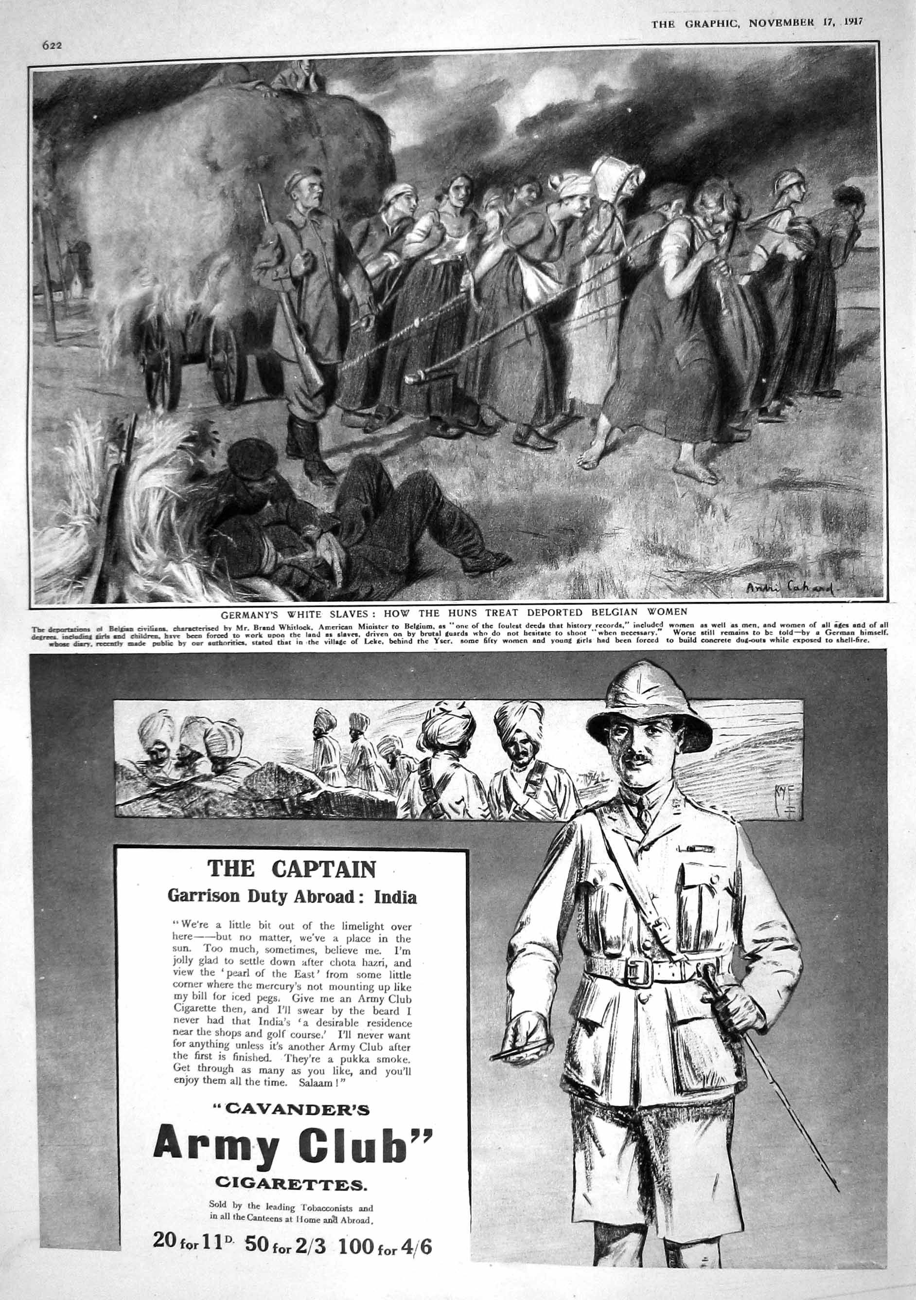 Old Print 1917 War Germany White Slaves Deported Belgian Women Cigarettes 20th