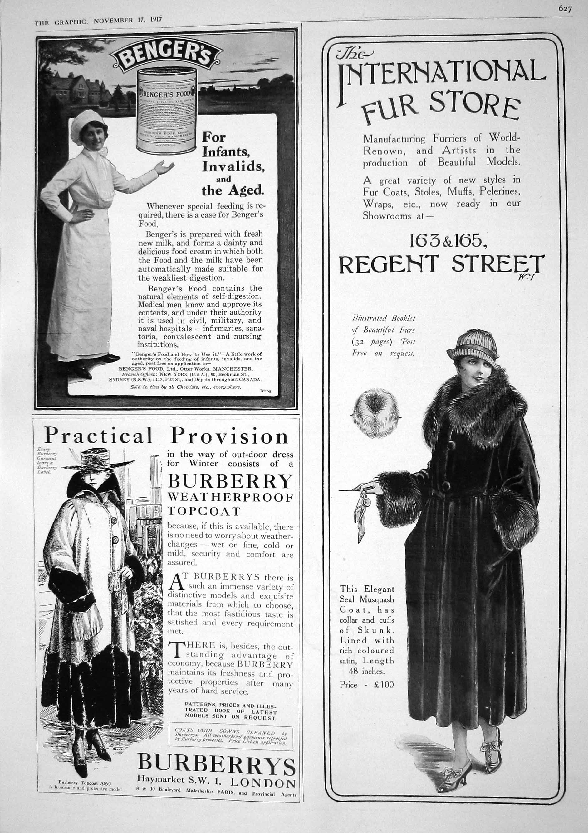 Old 1917 Advertisement Fur Store Benger'S Food Burberrys Topcoat Lond 20th