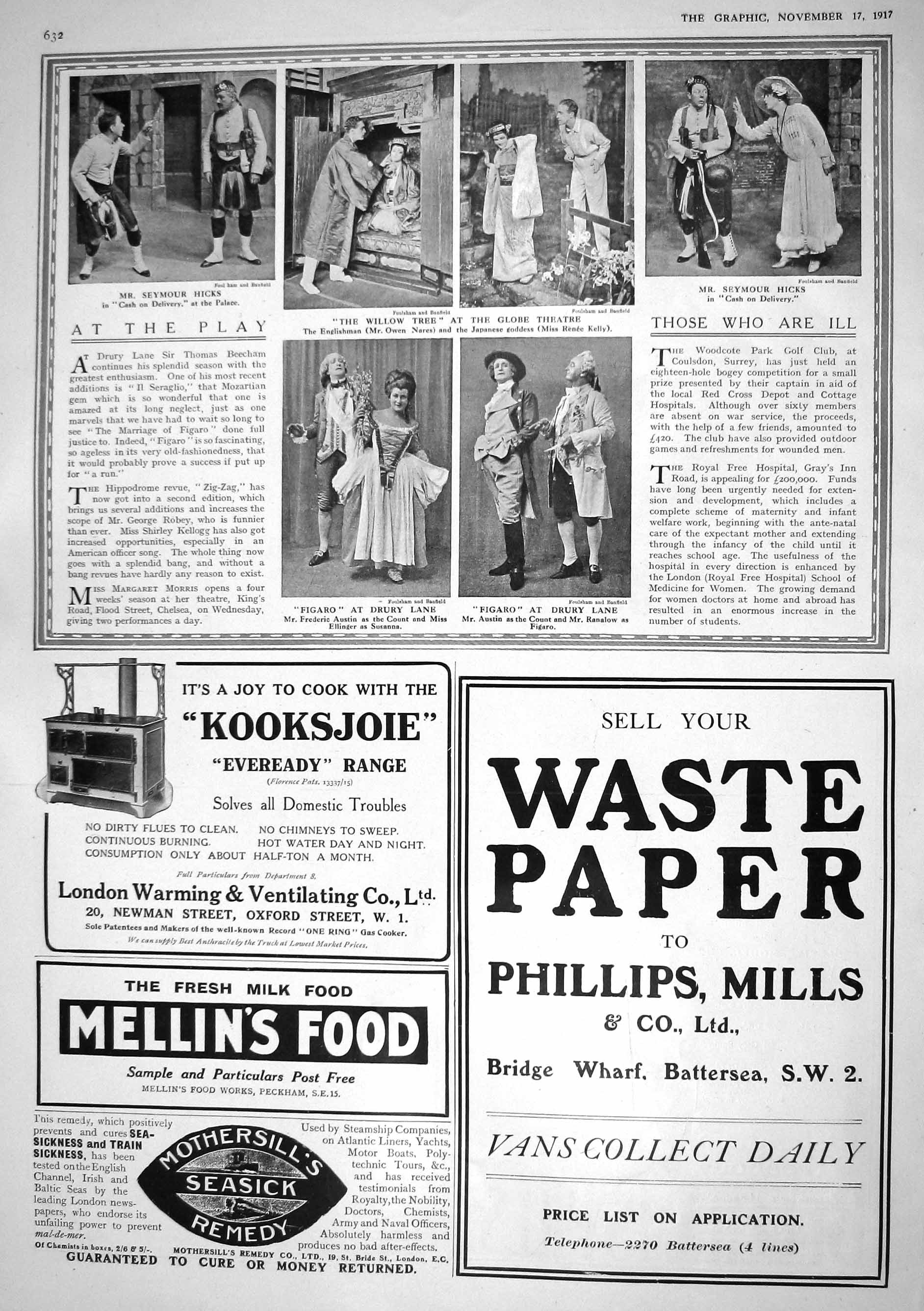 Antique Old Print 1917 Theatre Hicks Austin Susanna Count Ranalow Kooksjoie