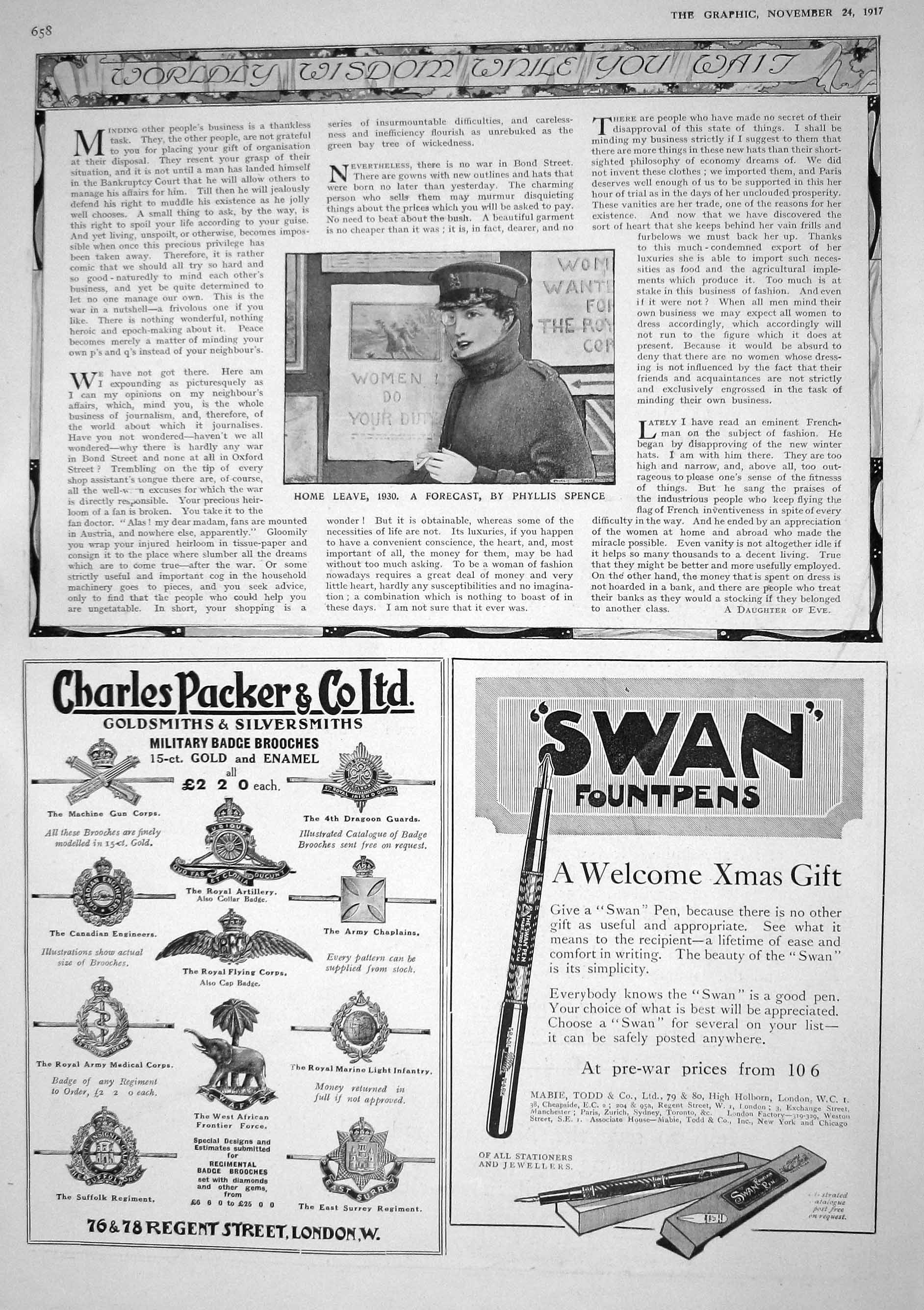 Antique Old Print 1917 War Woman Phyllis Spence Swan Pen Packer Bovril Food