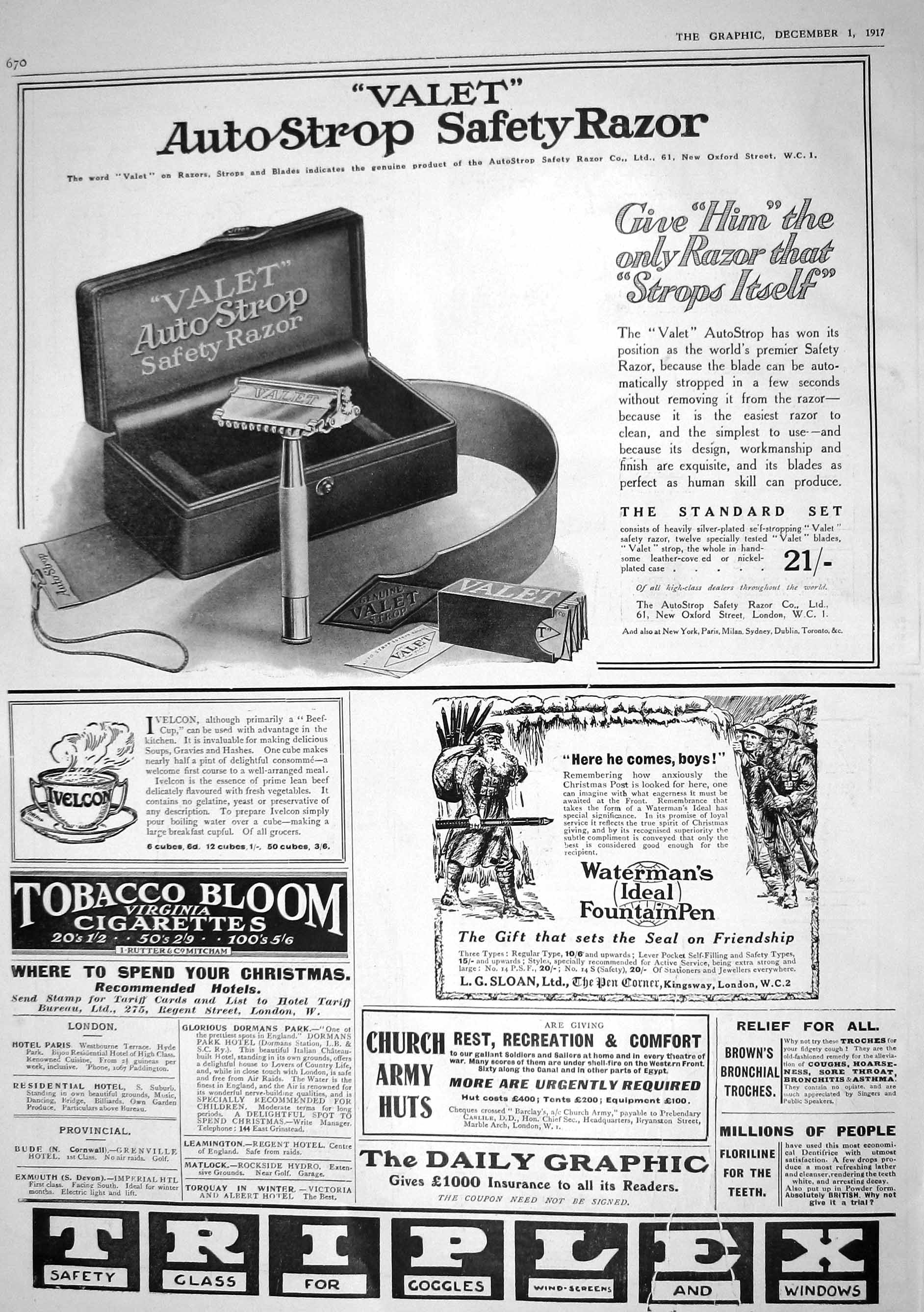 Antique Print 1917 Autostrop Safety Razor Tobacco Cigarettes Watermans Pen 20th