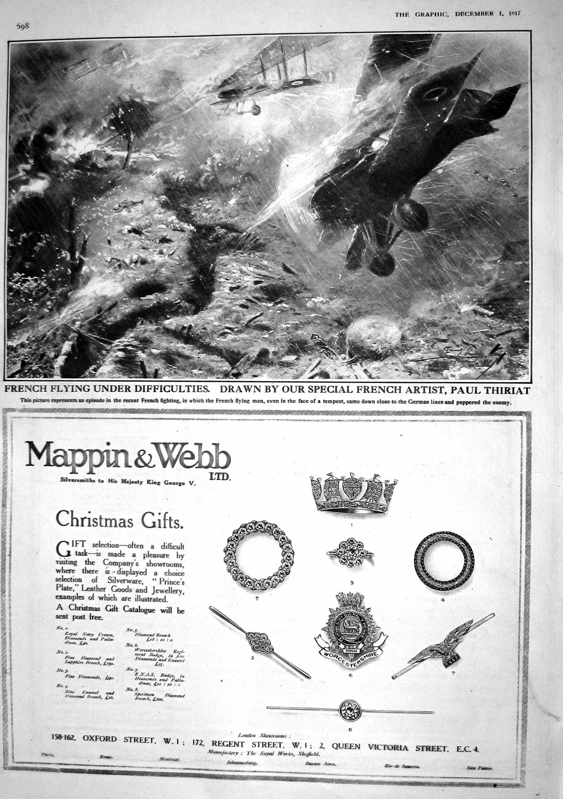 Antique Print 1917 French War Aeroplanes Germany Mappin Webb Christmas Gift