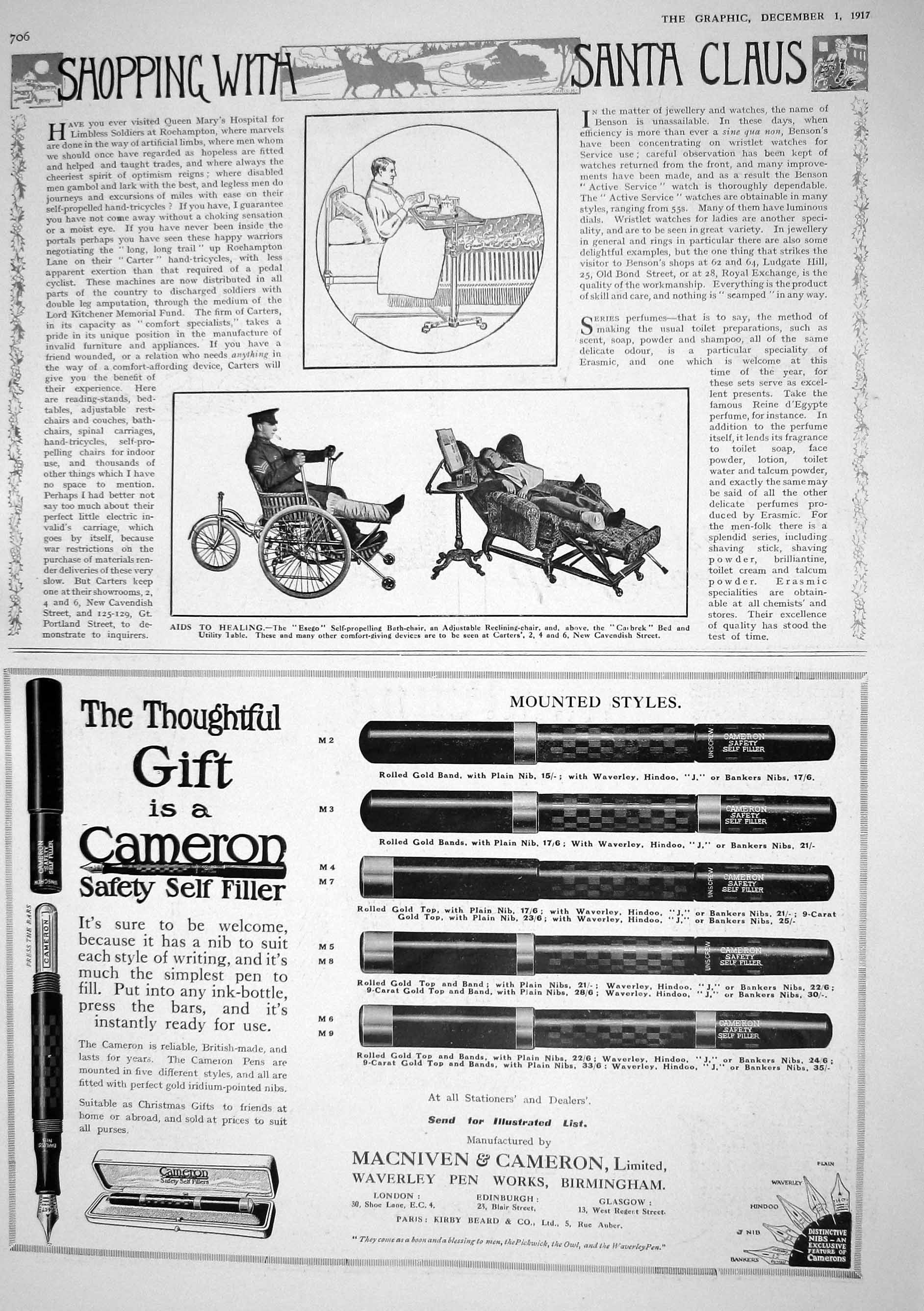Antique Print 1917 Christmas Presents Bath-Chair Cameron Pen Royal Vinolia 20th
