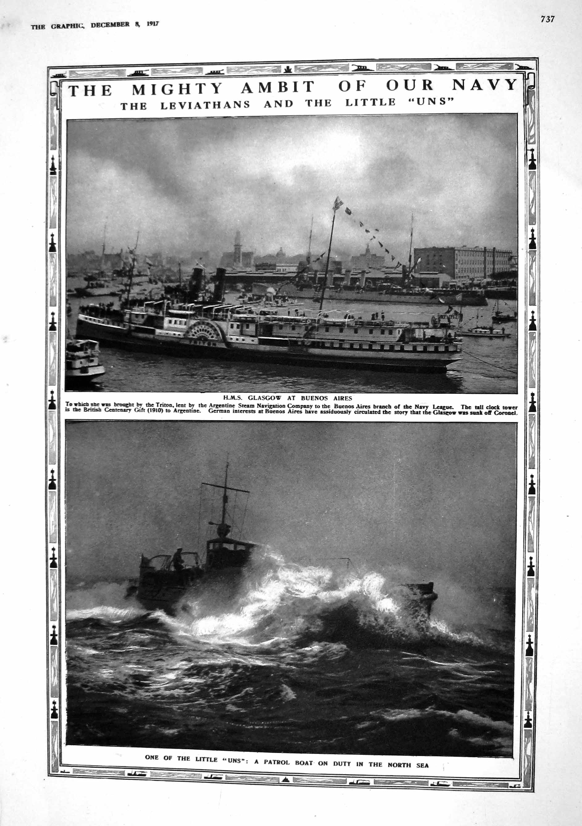 Old 1917 Navy War Ships H.M.S. Glasgow Buenos Aires Patrol Boat North 20th