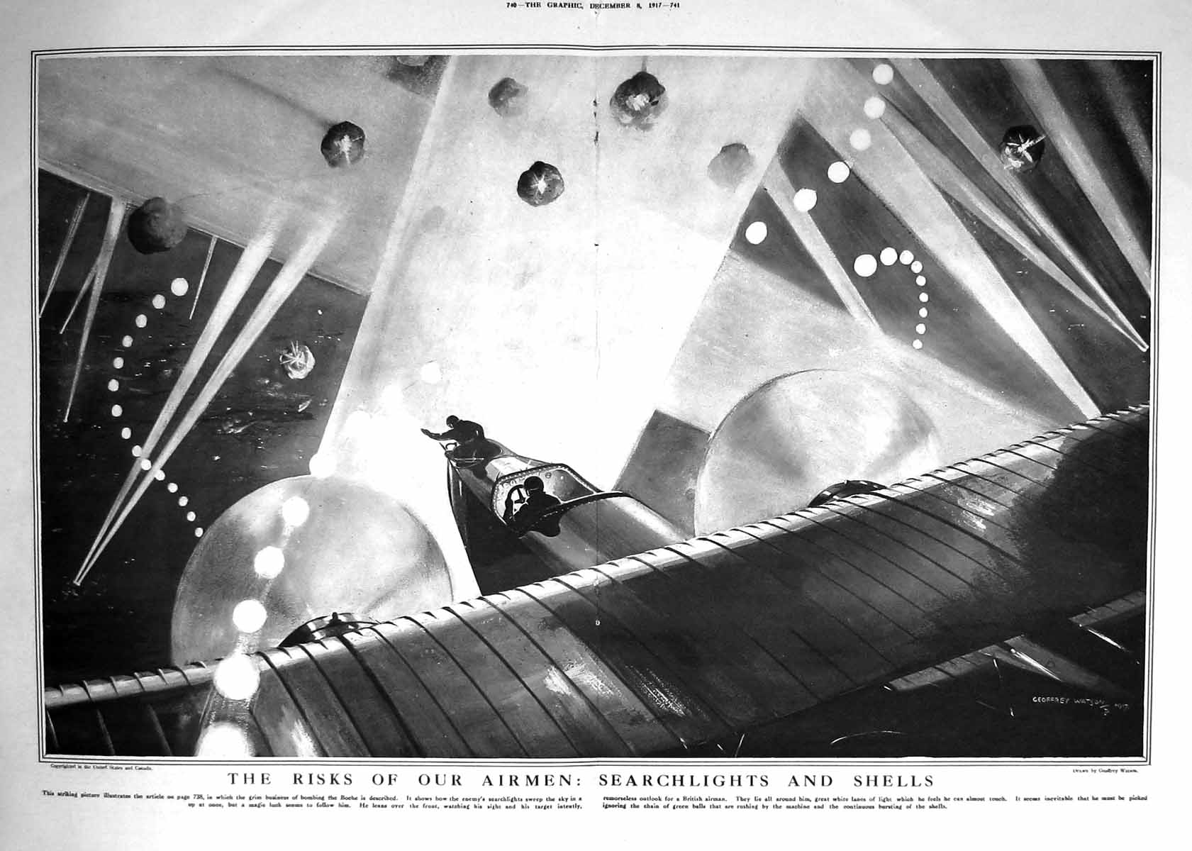 Original Old Vintage Print 1917 Searchlights War British Airmen Aeroplane 20th
