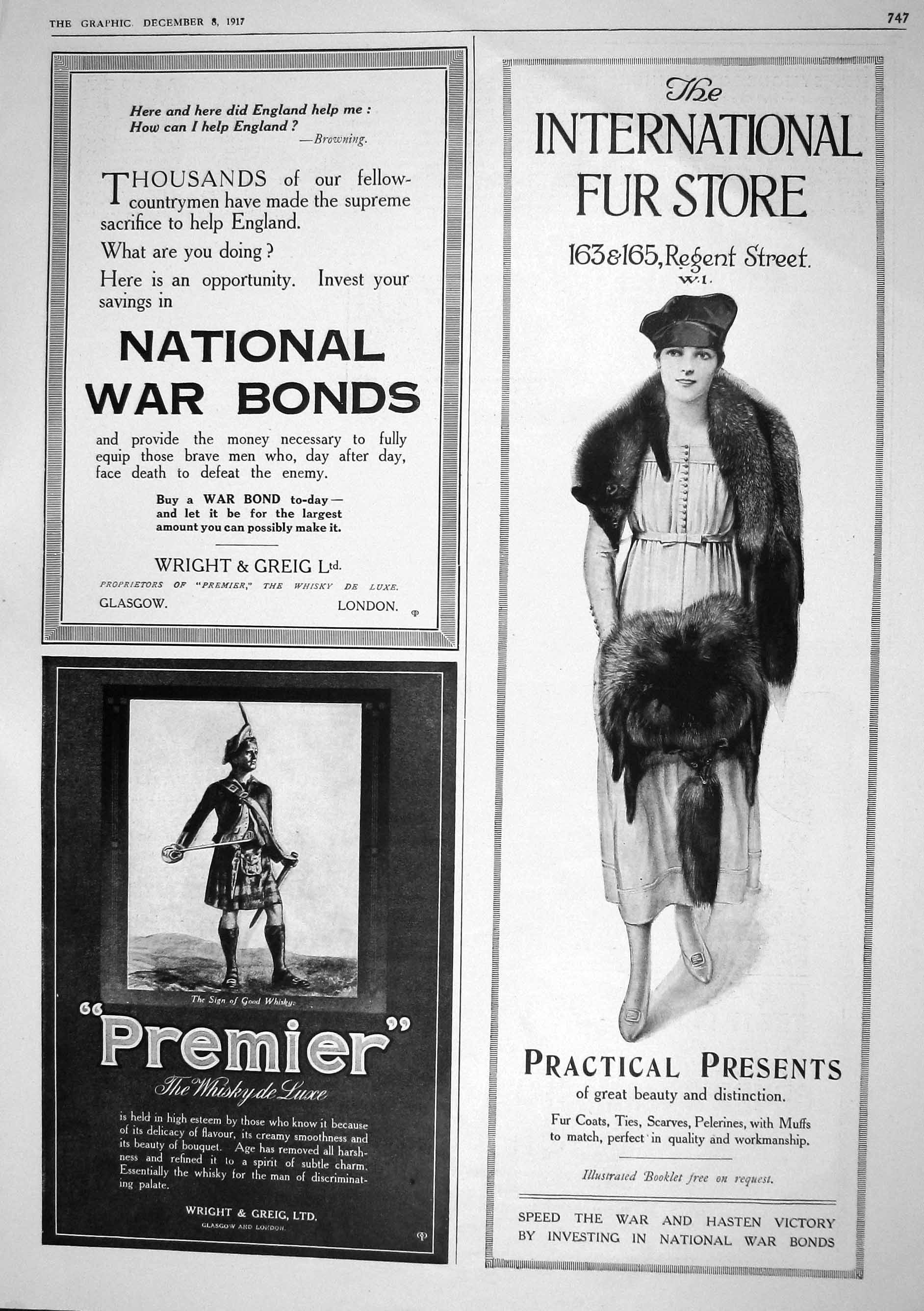 Antique Print 1917 Fur Store National War Bonds Premier Whisky Wright Greig