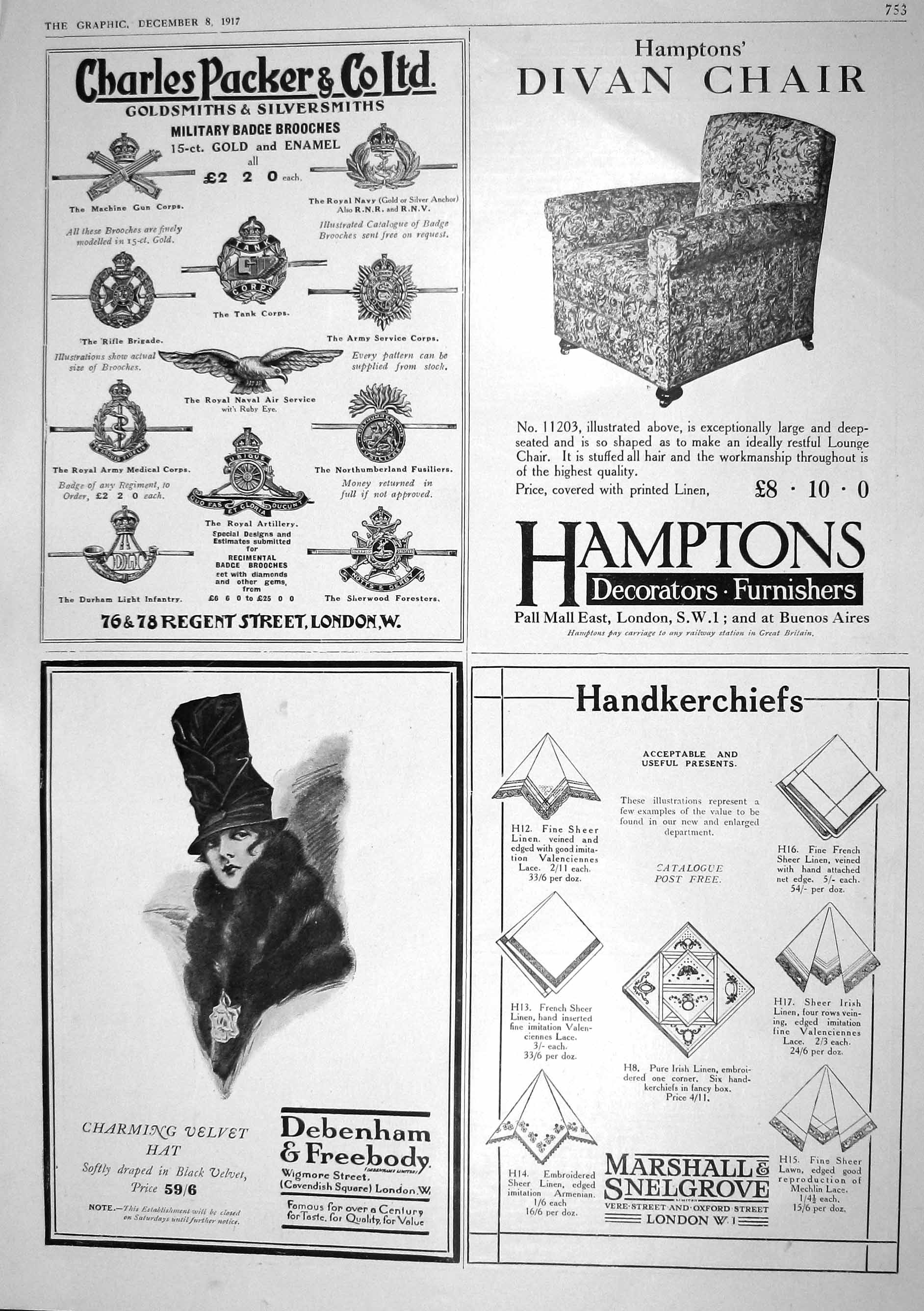 Antique Old Print 1917 Hamptons Packer Debenham Marshall Wilkinson War Bonds