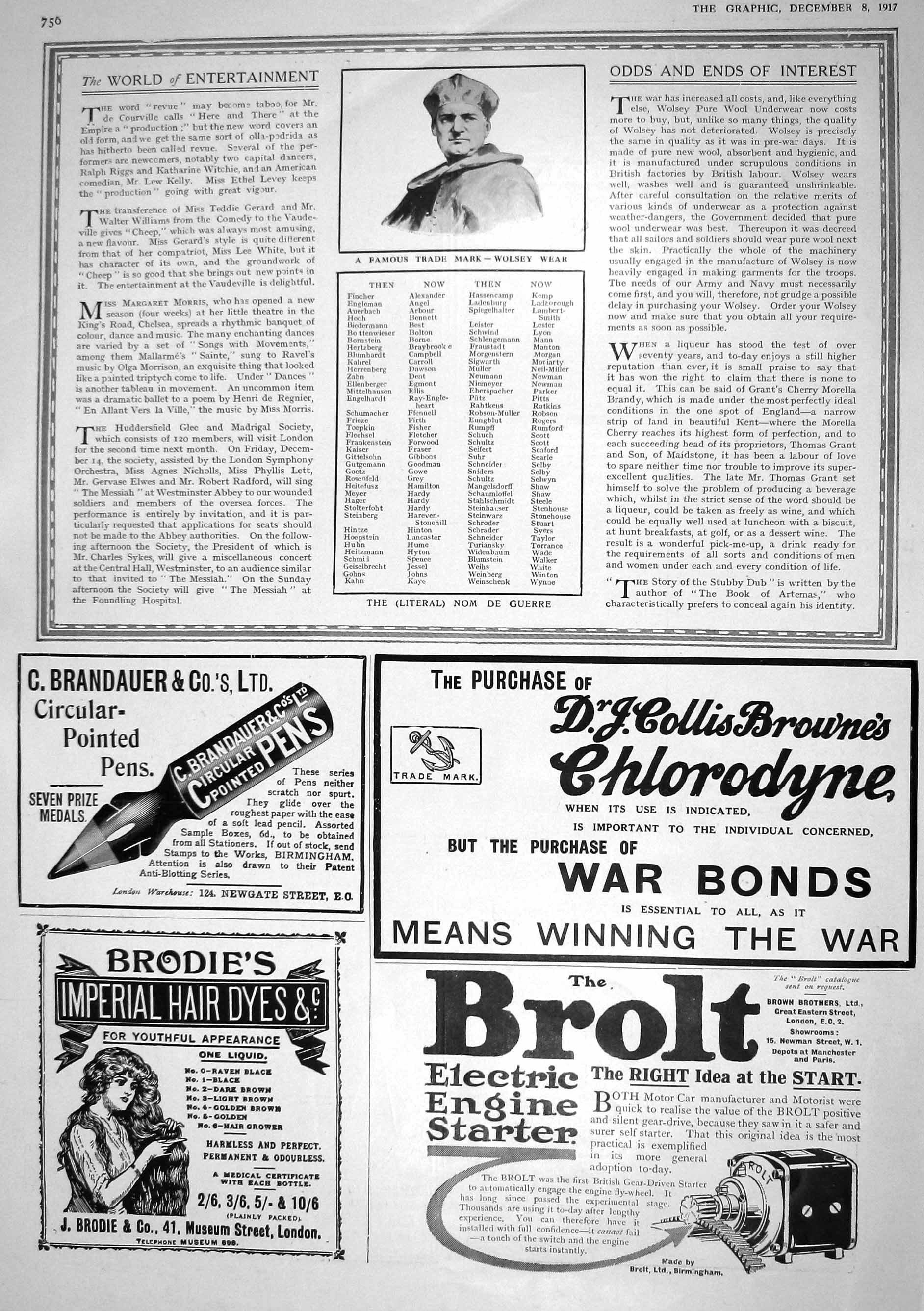 Old 1917 Wosley Wera Nom De Guerre Chlorodyne War Bonds Brolt Brandau 20th