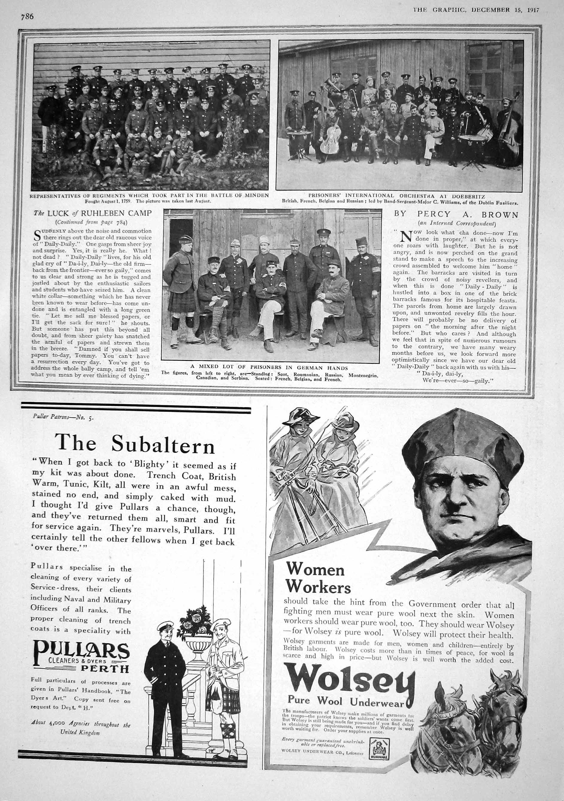 Old Print 1917 War Siers Battle Minden Prisoners Orchestra Doeberitz Pul 20th
