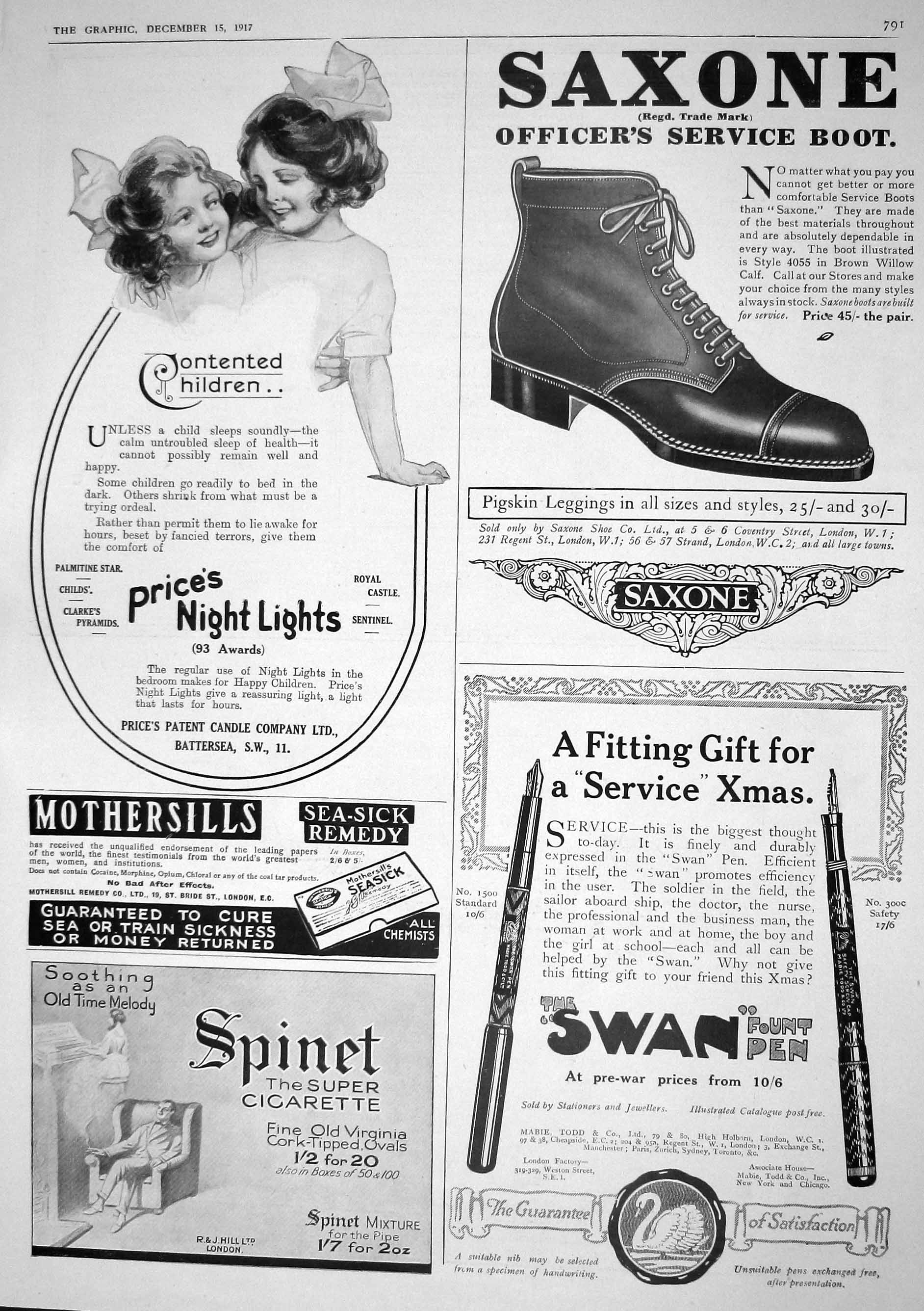Antique Old Print 1917 Price'S Candle Saxone Boots Swan Pen Spinet Cigarettes
