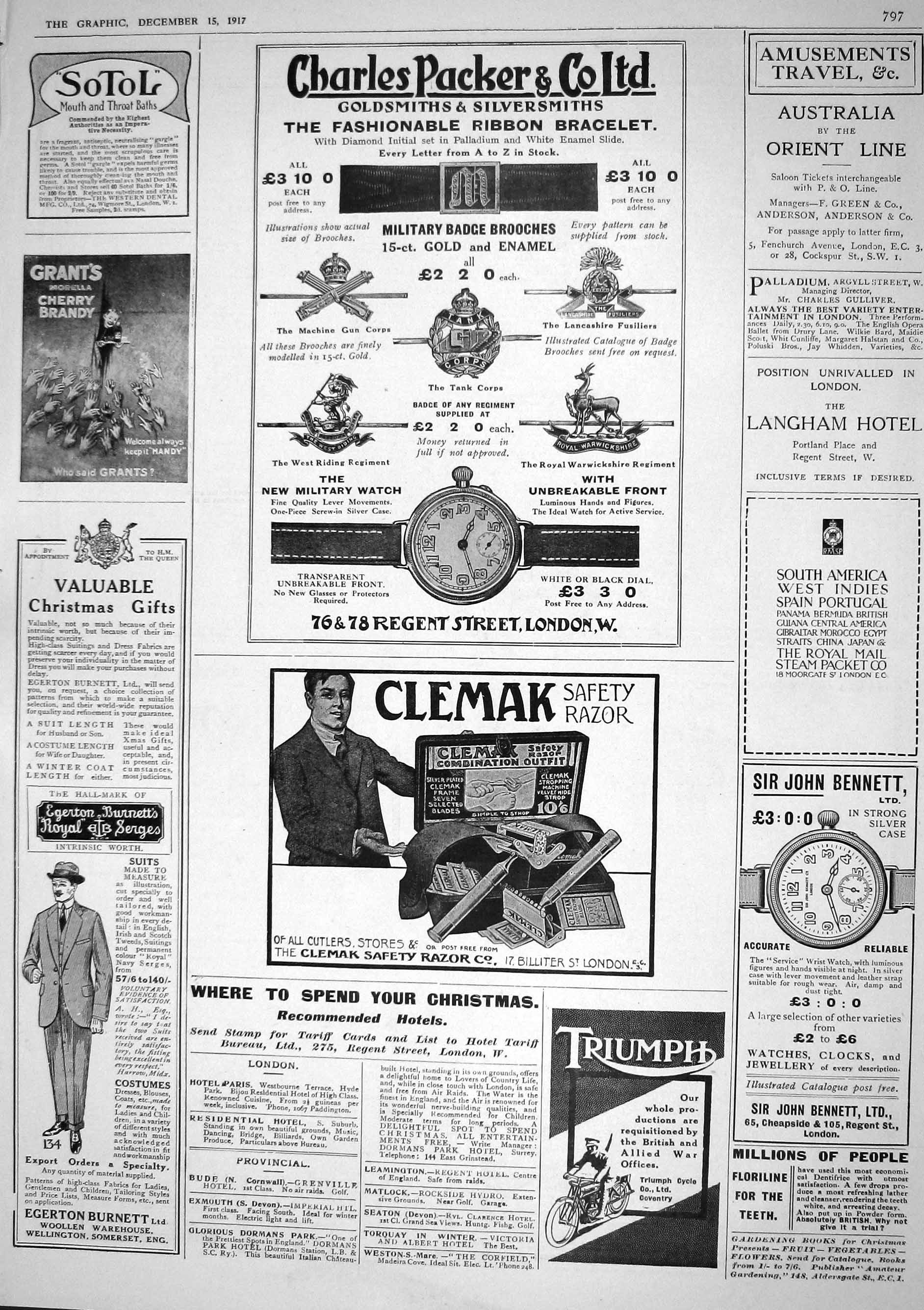 Antique Print 1917 Charles Packer Clemak Safety Razor Bennett Watches Sotol