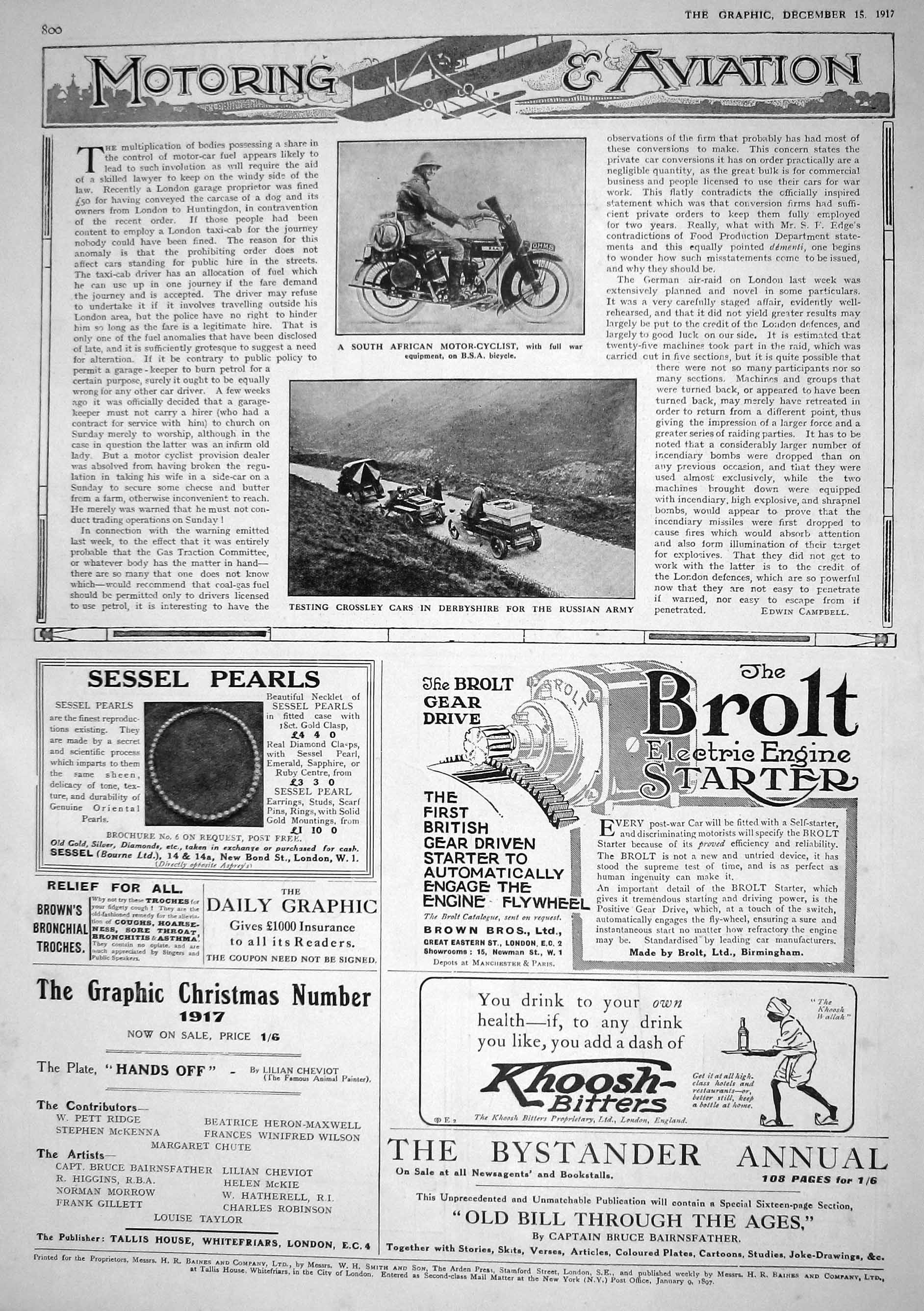 Old 1917 Africa Motor Cyclist War B.S.A. Bicycle Crossley Motor Cars 20th