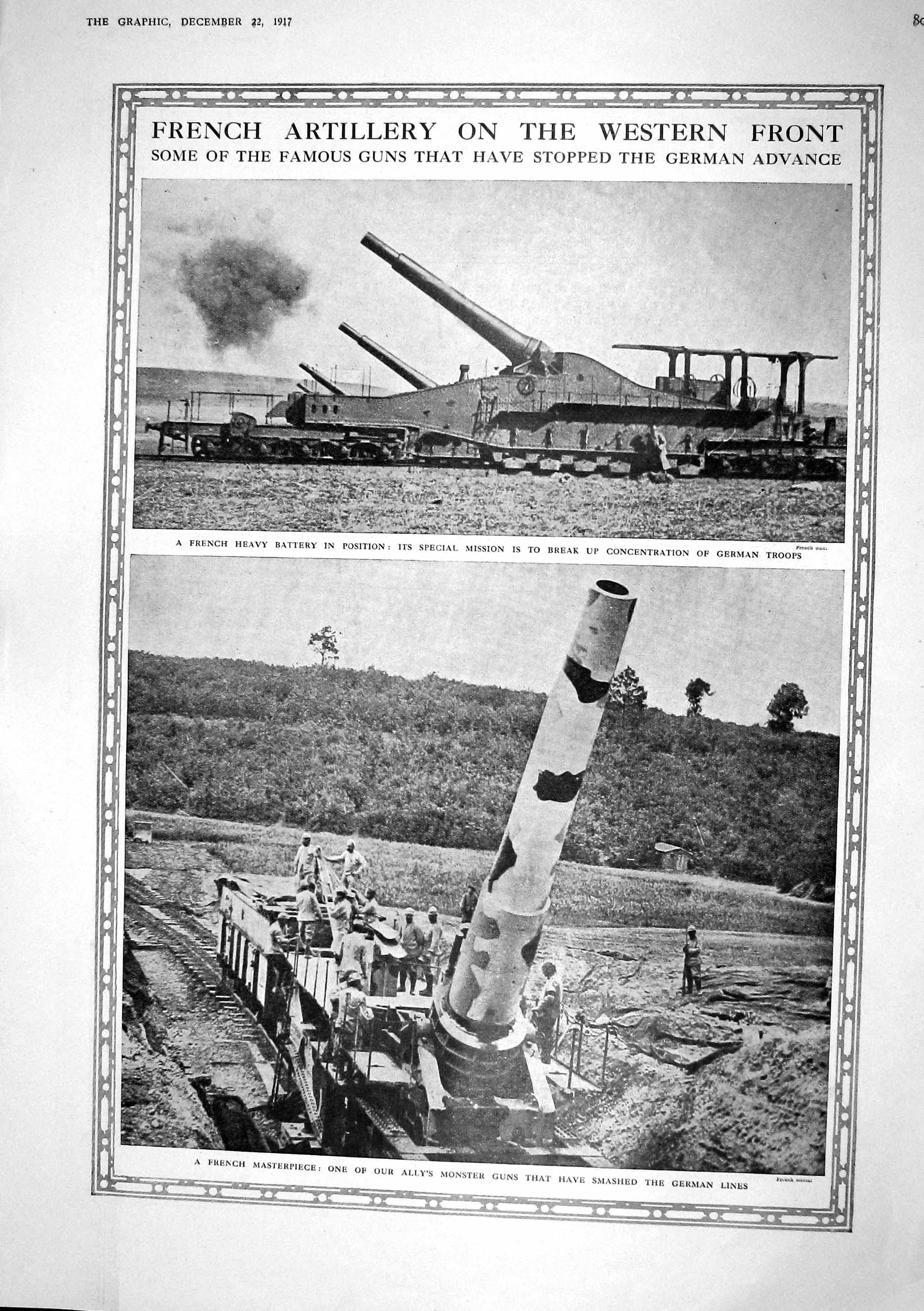 Old Print 1917 French War Heavy Battery German Siers Tank Guns Matchless 20th