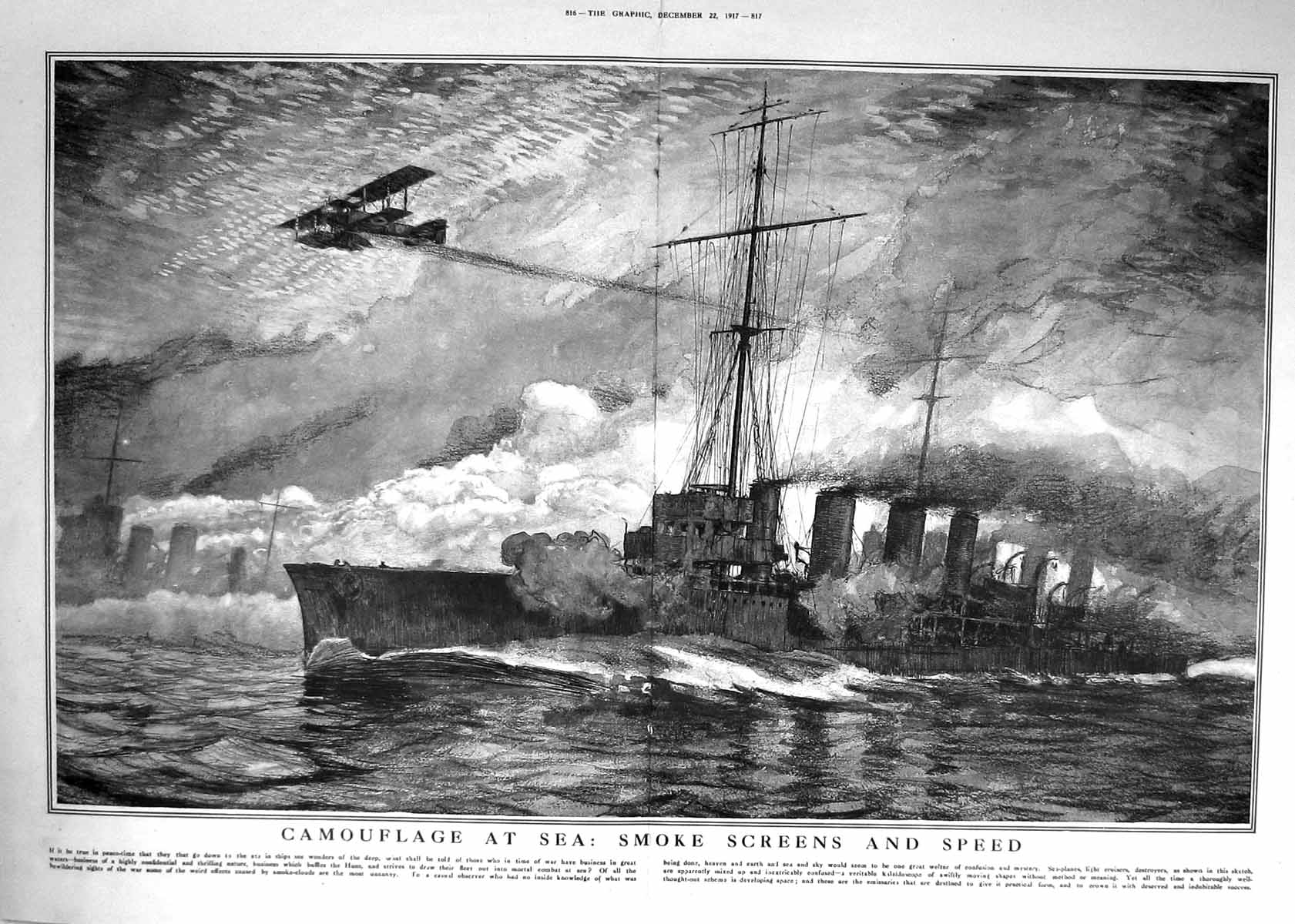 Old 1917 War Camouflage Sea Smoke Screen Ships Aeroplane Westminster 20th