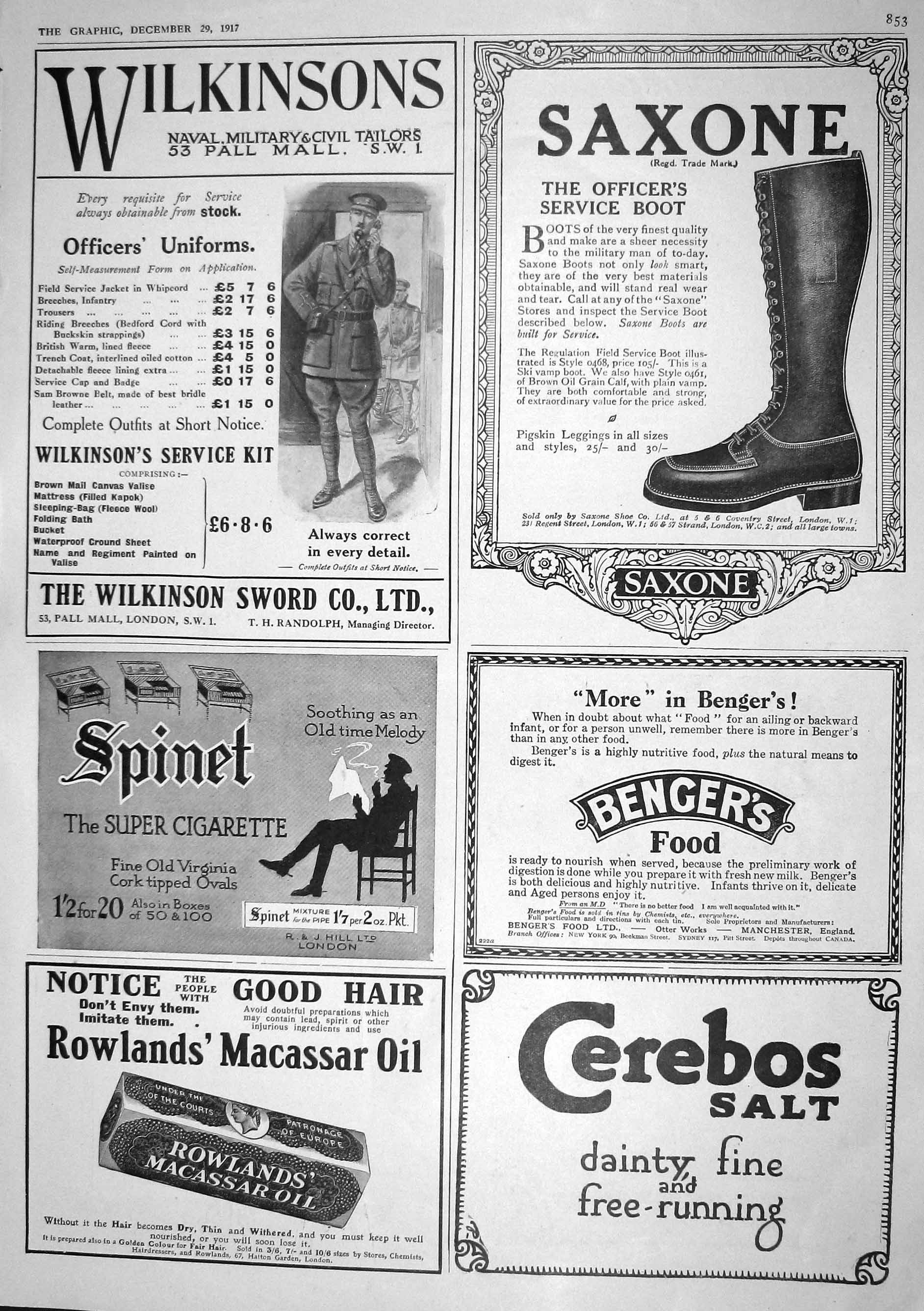 Old 1917 Advertisement Wilkinson Sword Saxone Cerebos Salt Benger'S F 20th