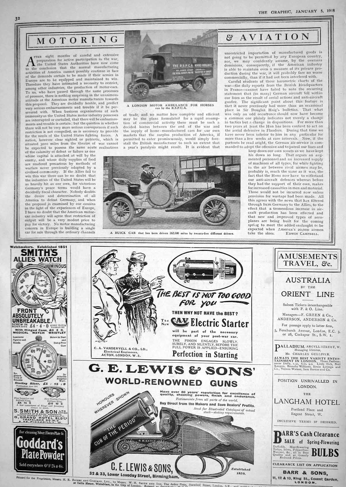 Old 1918 London Motor Ambulance Horses R.S.P.C.A. War Buick Car Lewis 20th