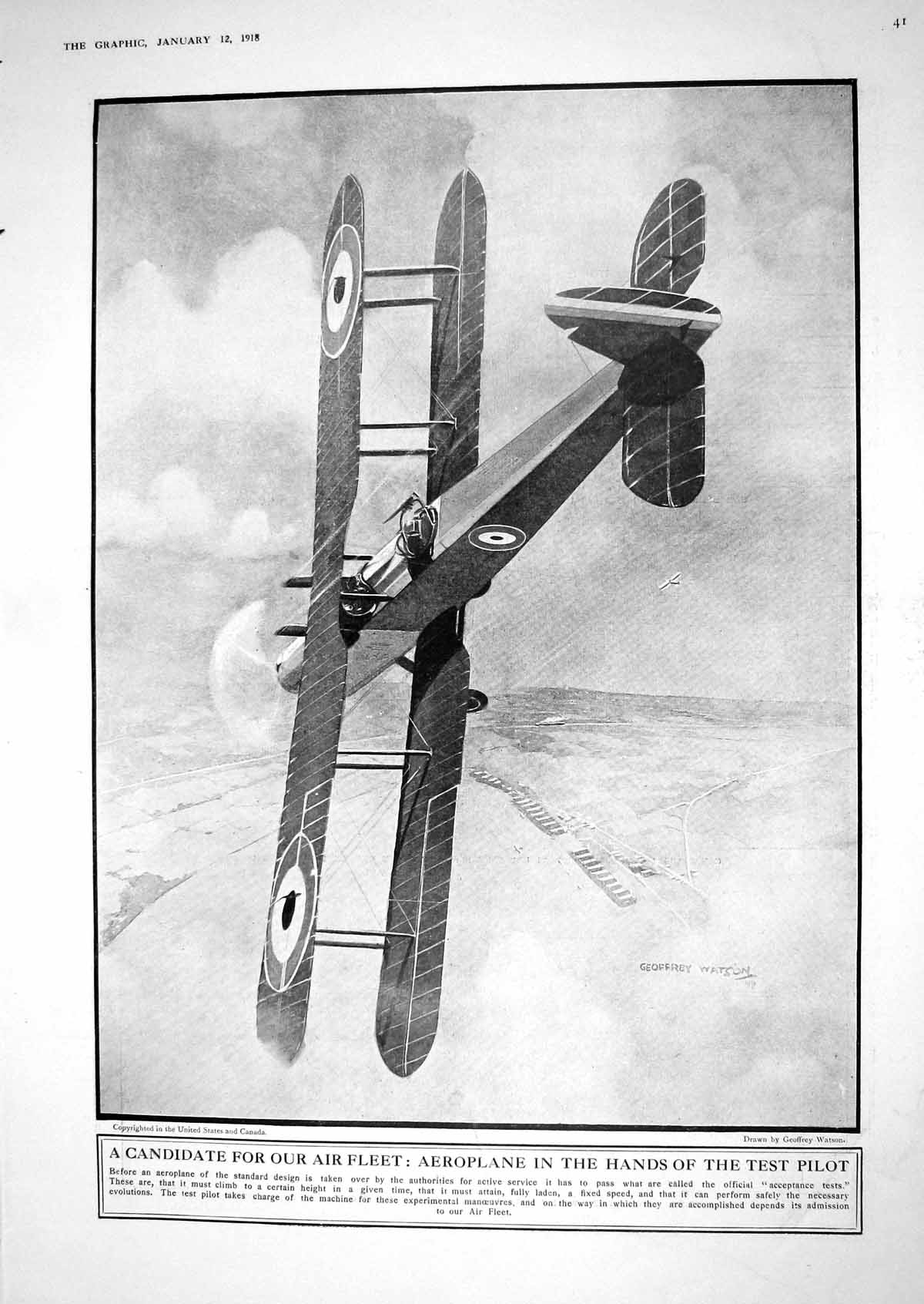 Old Print 1918 War Aeroplane Test Pilot Canadian Artillerymen Siers Wint 20th