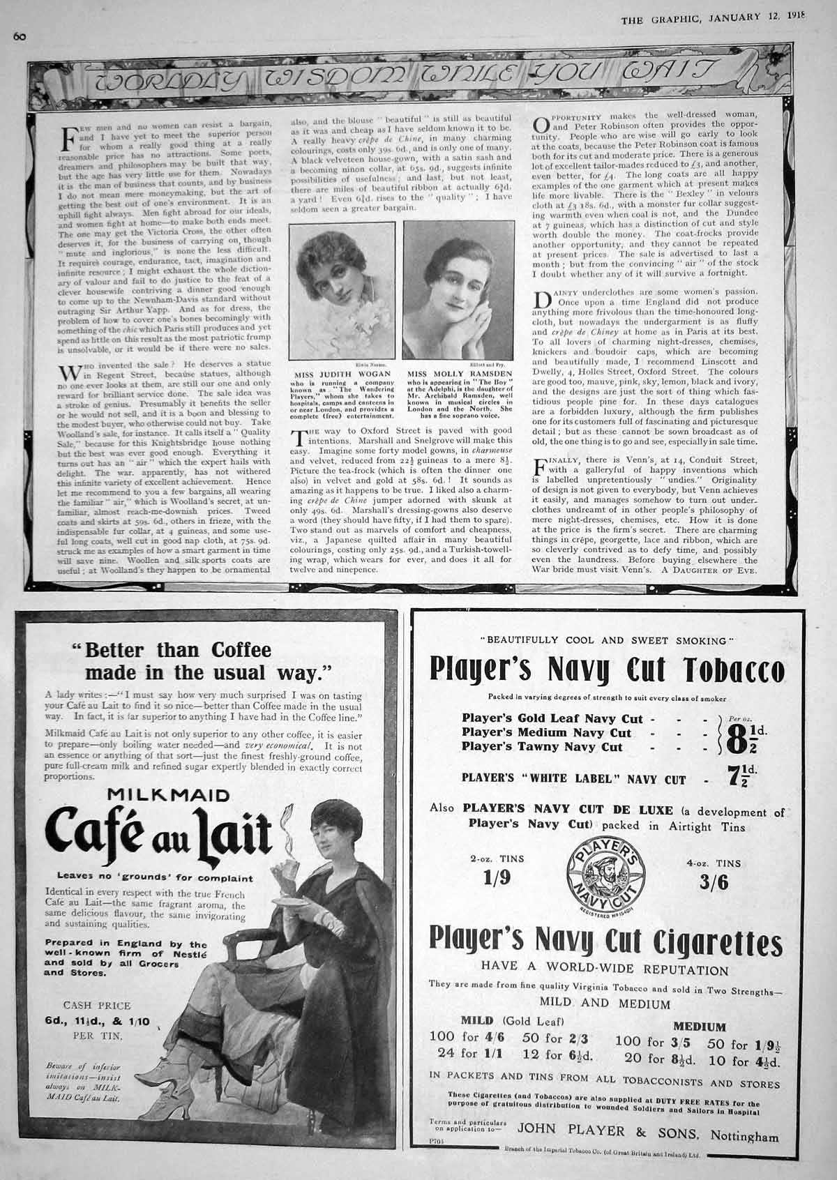 Antique Print 1918 Judith Wogan Molly Ramsden Theatre Player'S Tobacco Lait