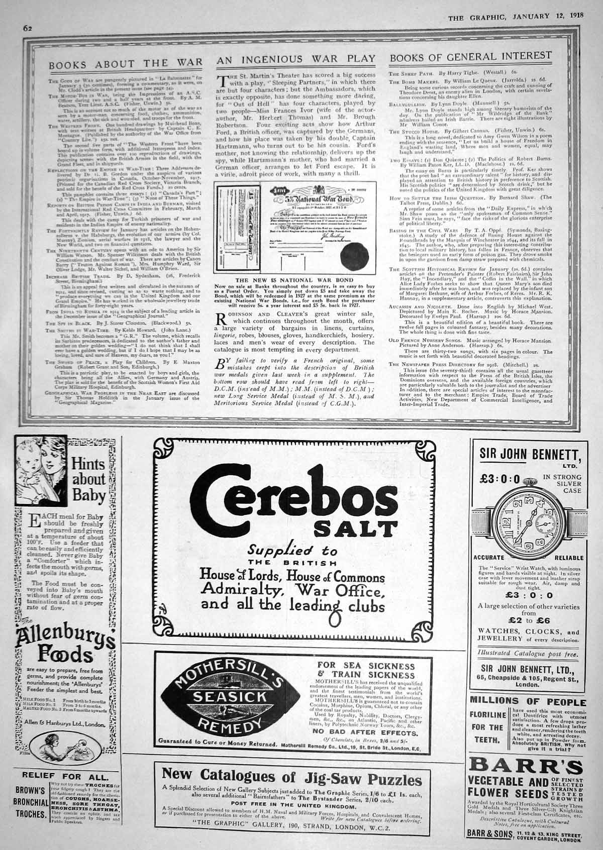Old Print 1918 ú5 National War Bond Cerebos Salt Mothersill Sea Sickness 20th