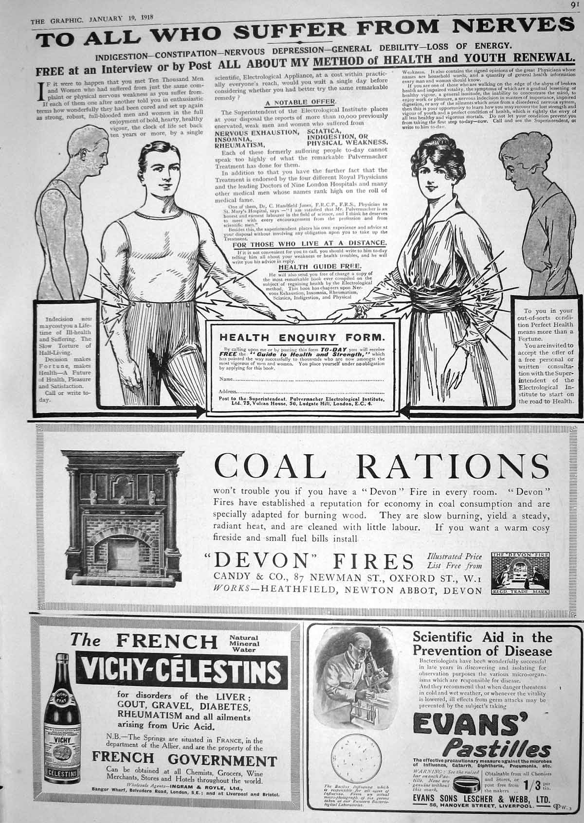 Old 1918 Health Coal Devon Fires Evan'S Pastilles Mineral Water Vichy 20th