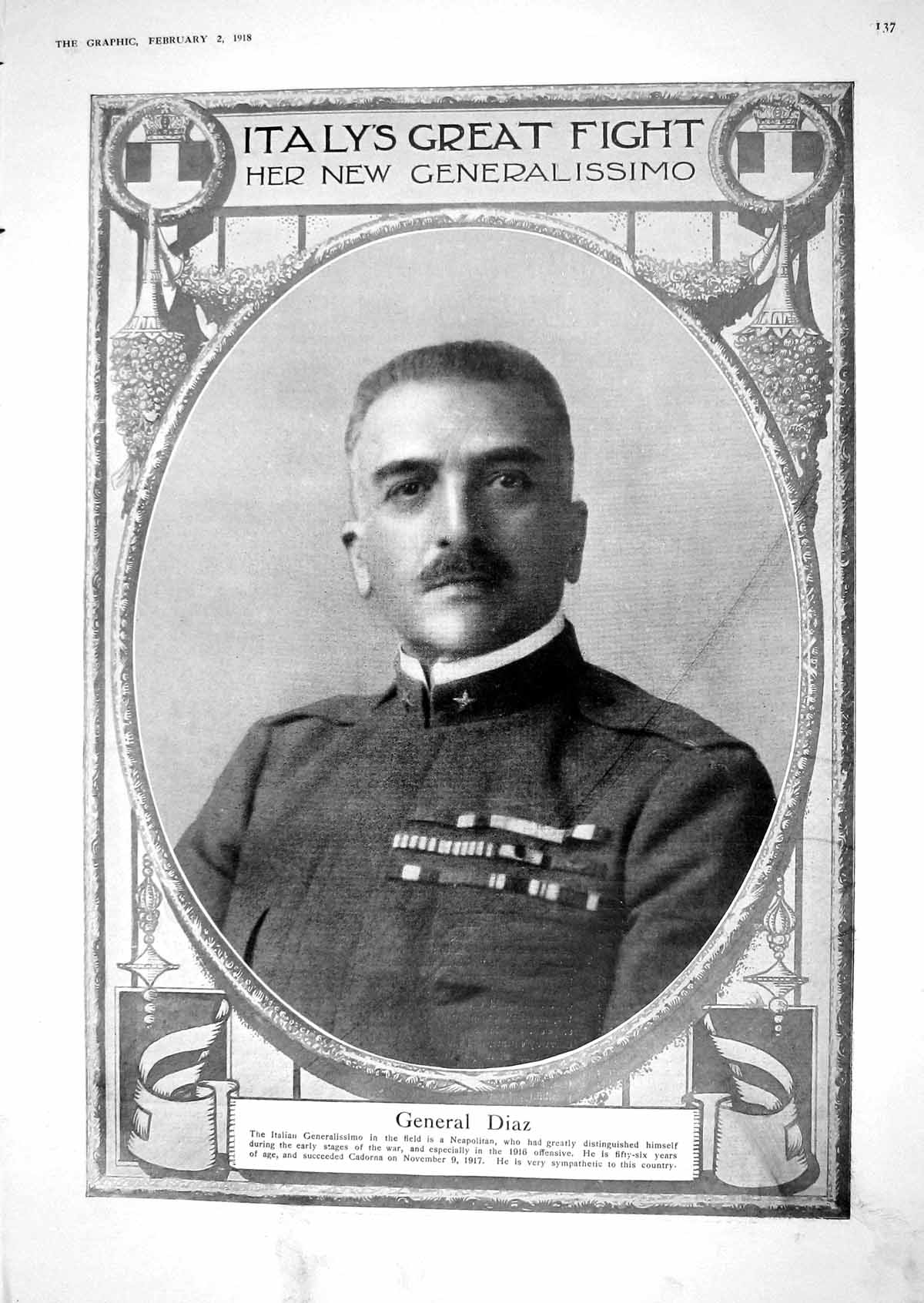 Old Print 1918 General Diaz Italy Generalissimo Signor Orlando Dr. Crispi 20th