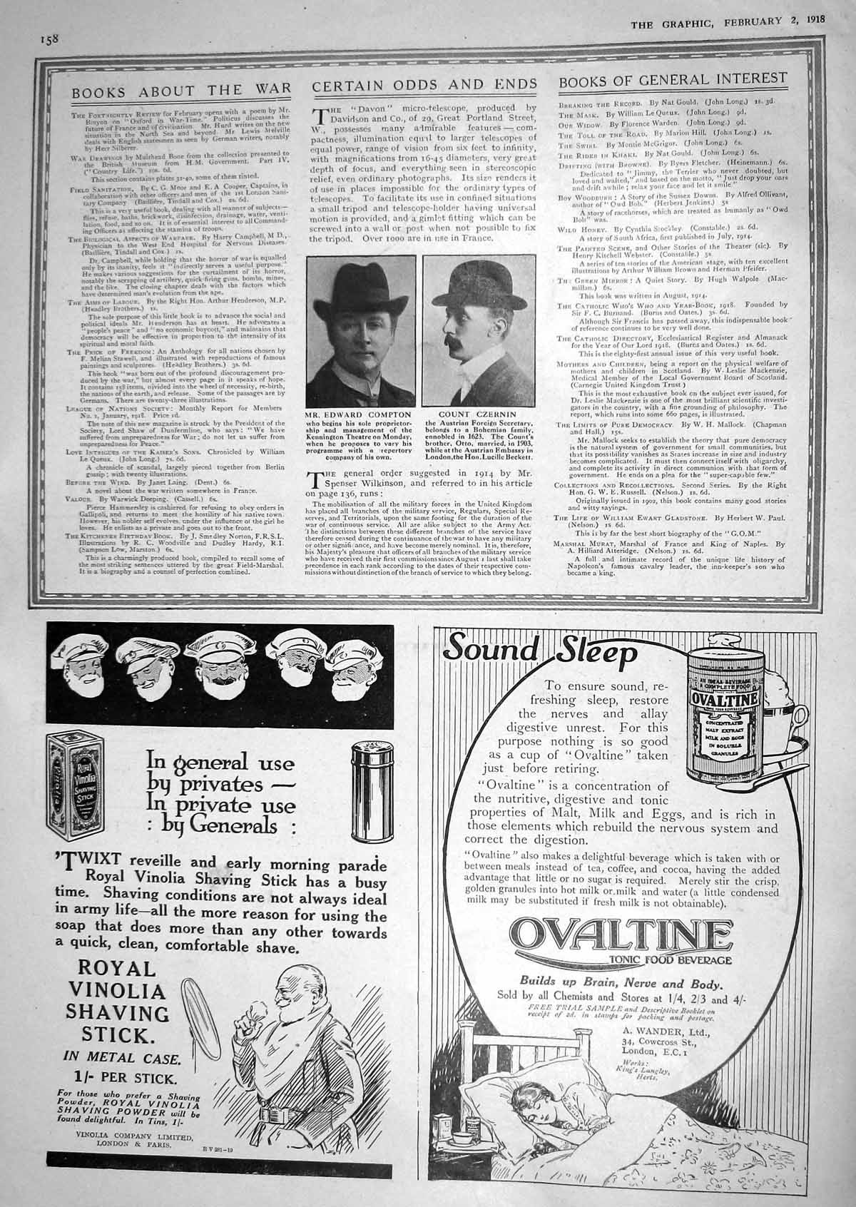 Old 1918 Edward Compton Count Czernin Advertisement Ovaltine Pear'S S 20th