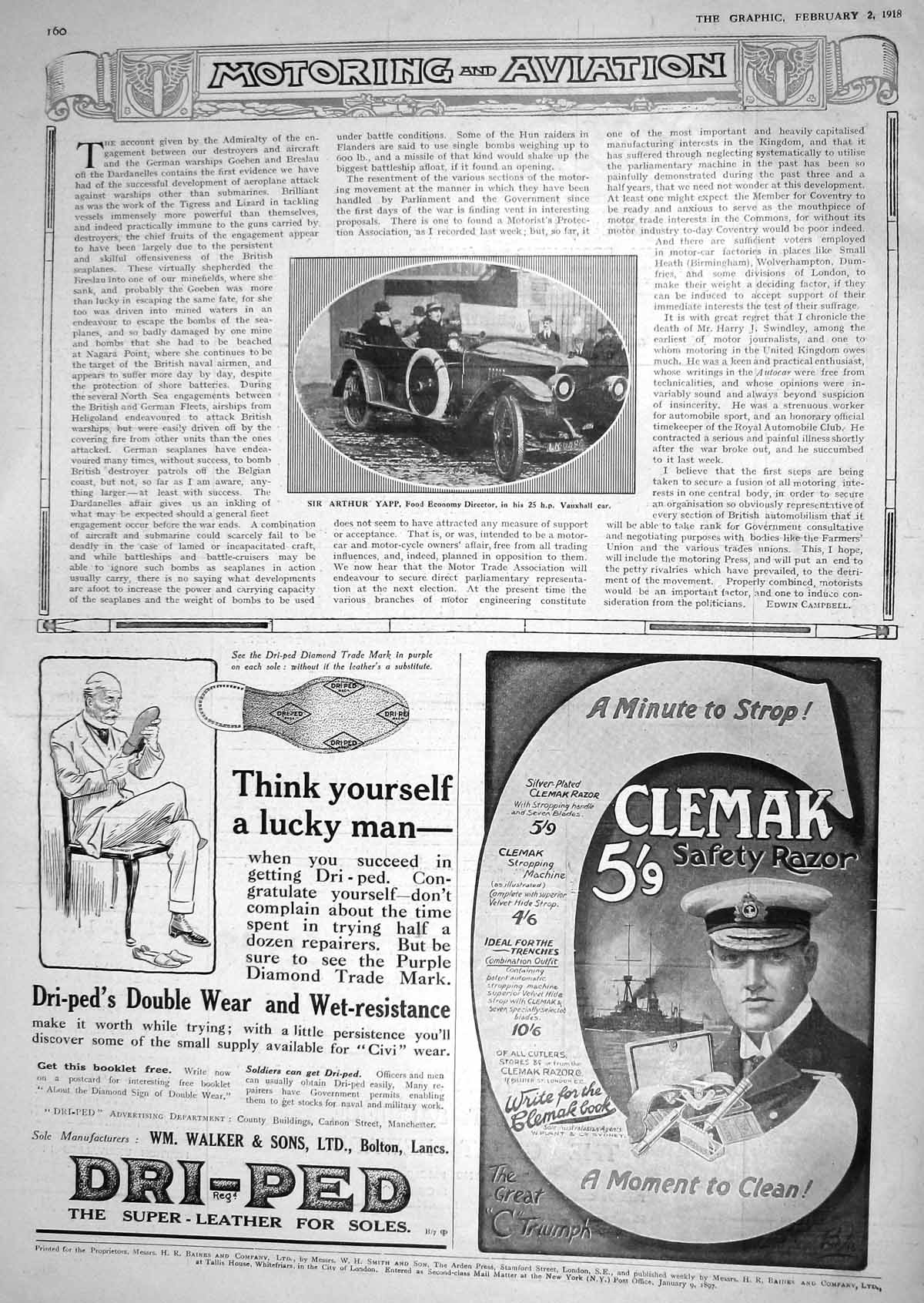 Old 1918 Sir Arthur Yapp Food Economy Director Vauxhall Motor Car Cle 20th