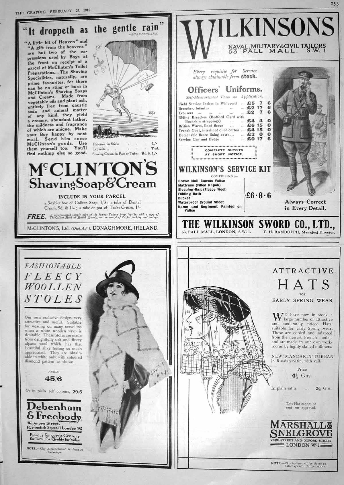 Antique Old Print 1918 Wilkinson Sword Mcclinton'S Cream Debenham Marshall 20th